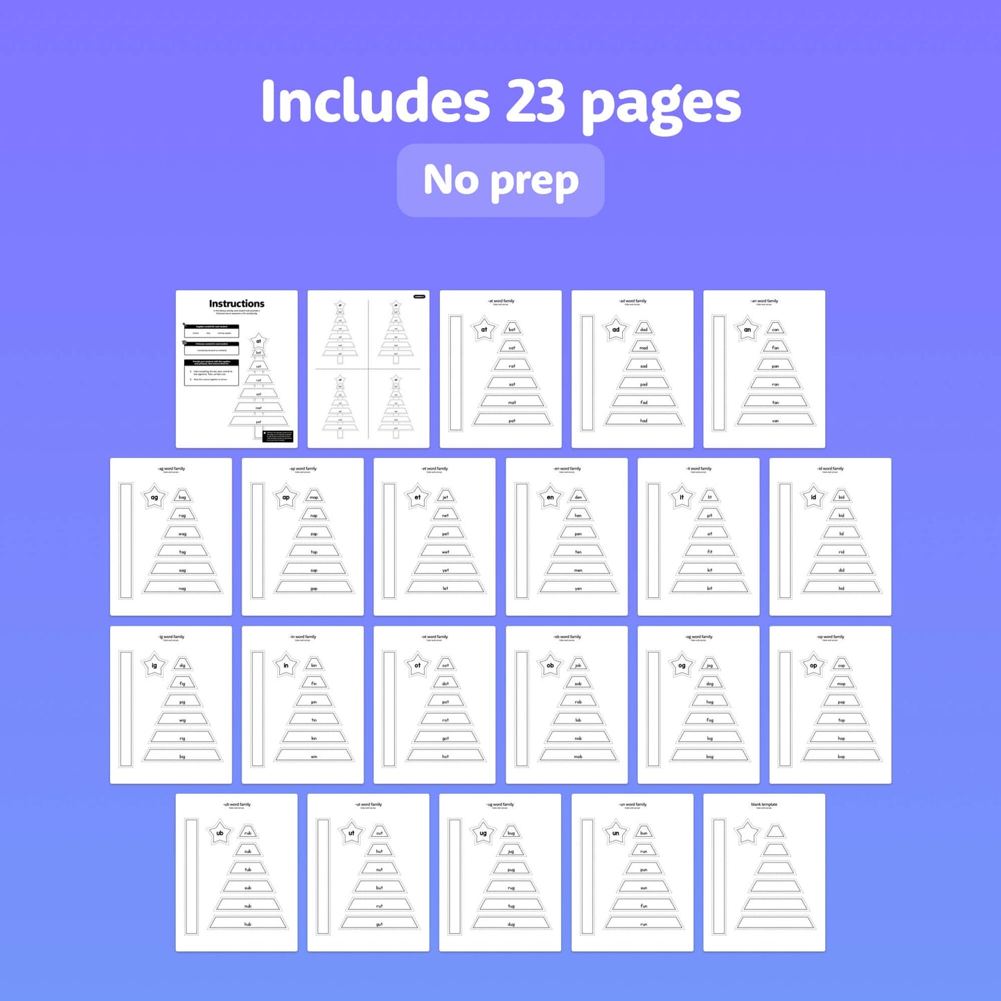 Winter-themed CVC tree craft worksheets, 23 pages, "No prep" text displayed.