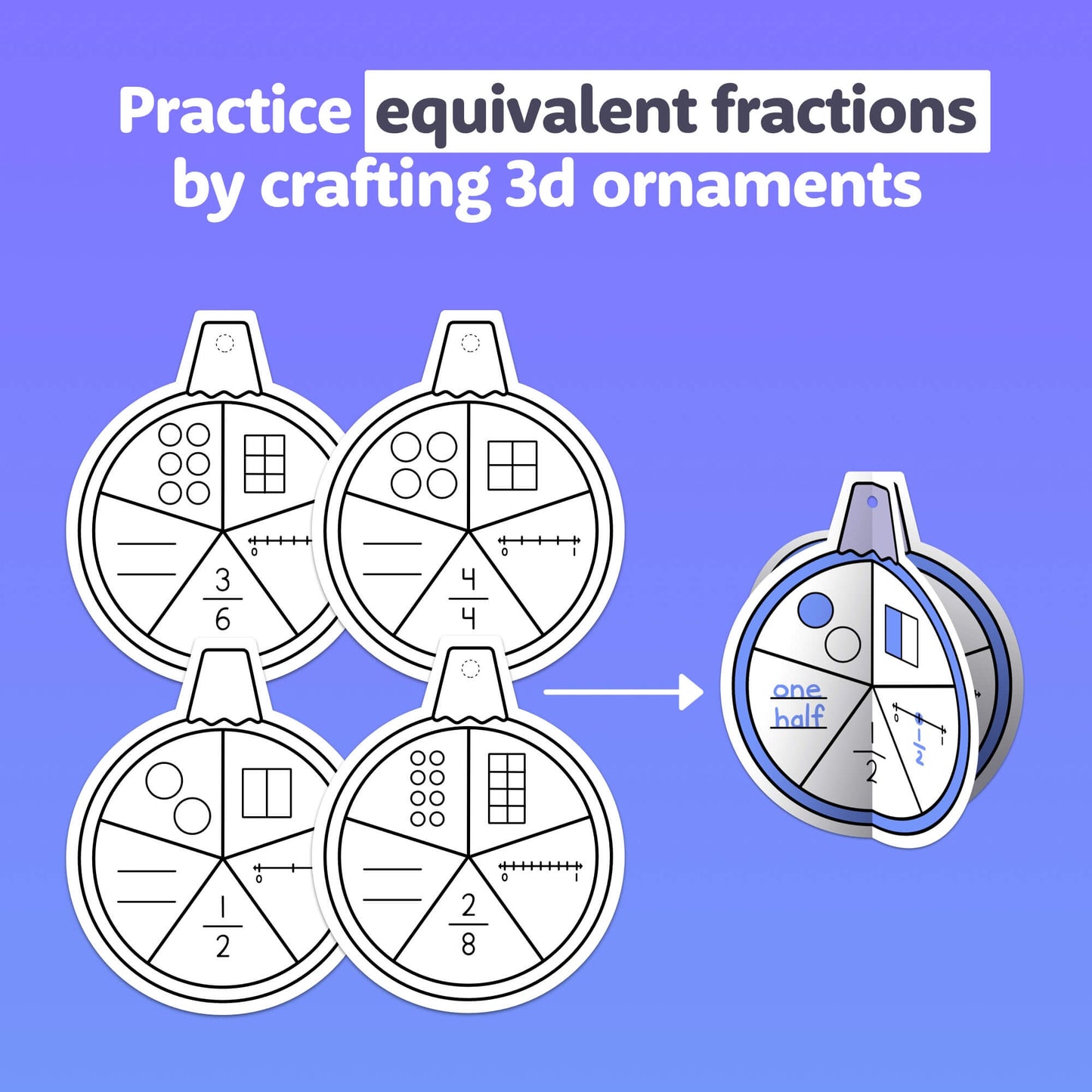 Four paper fraction circles used to create a 3D ornament for practicing equivalent fractions.