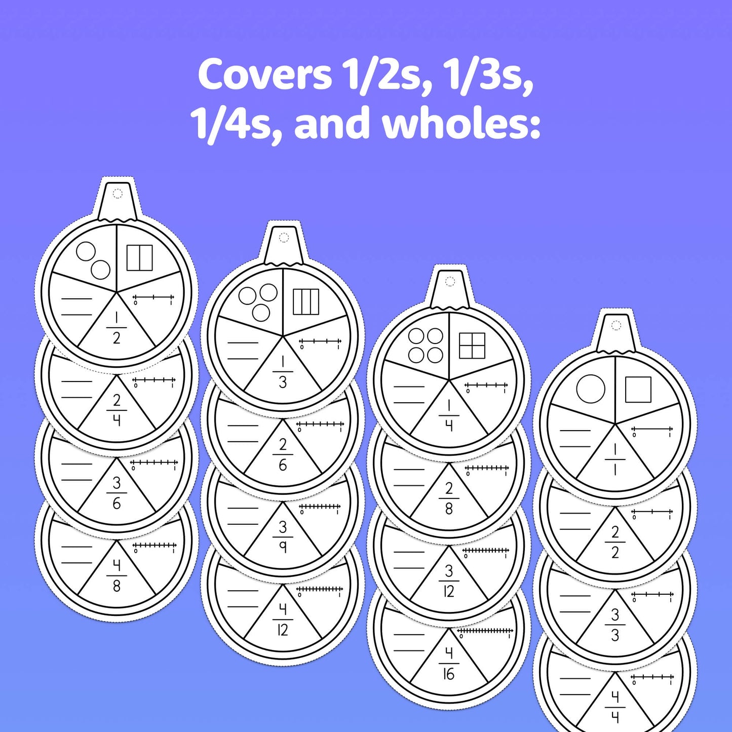 Illustration of fraction circles showing halves, thirds, fourths, and wholes.