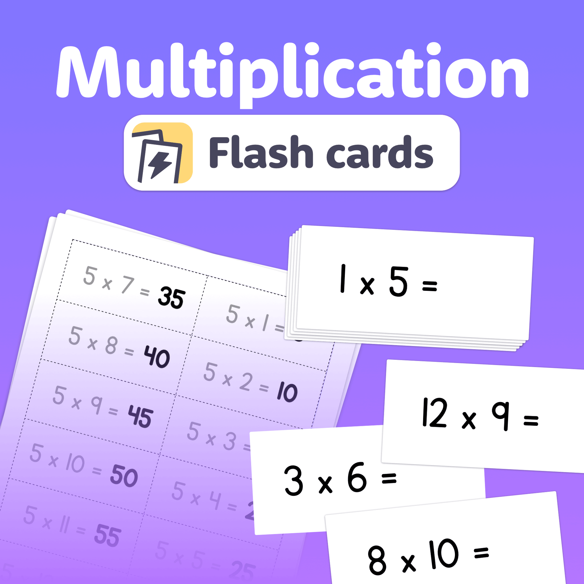 Multiplication flash cards on a surface.