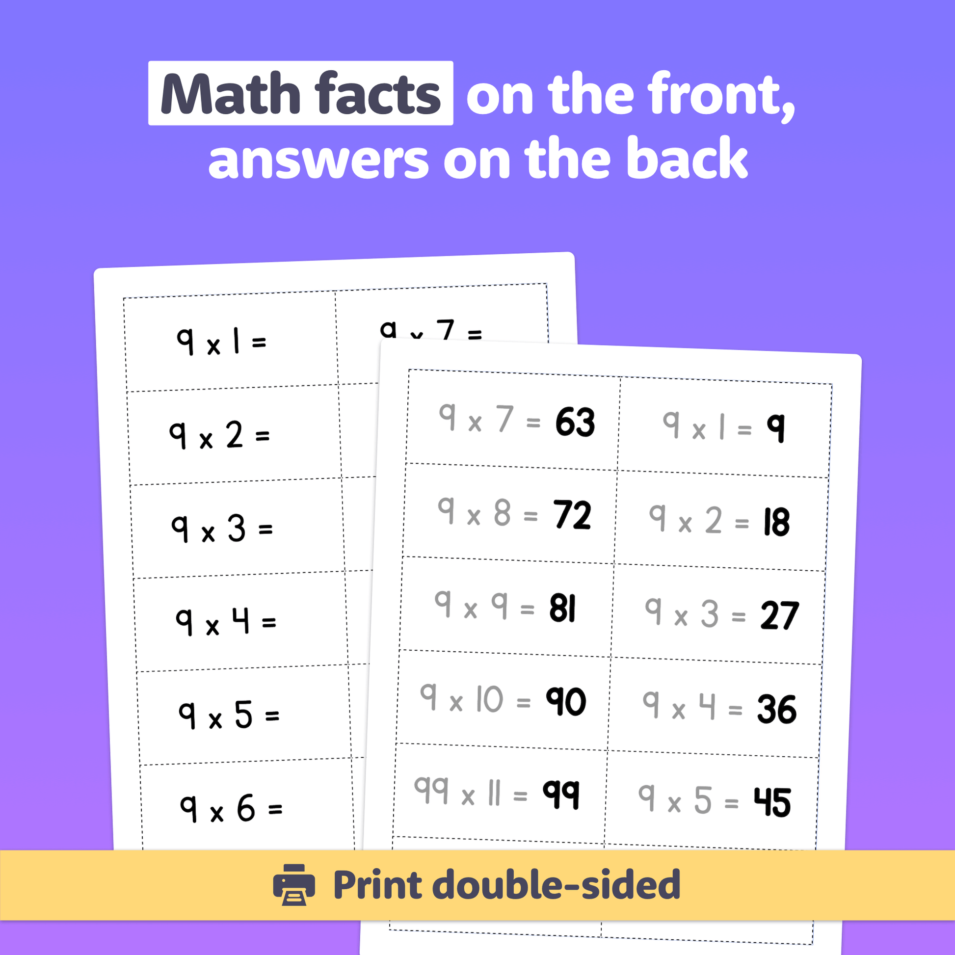 Multiplication flash cards with answers displayed.
