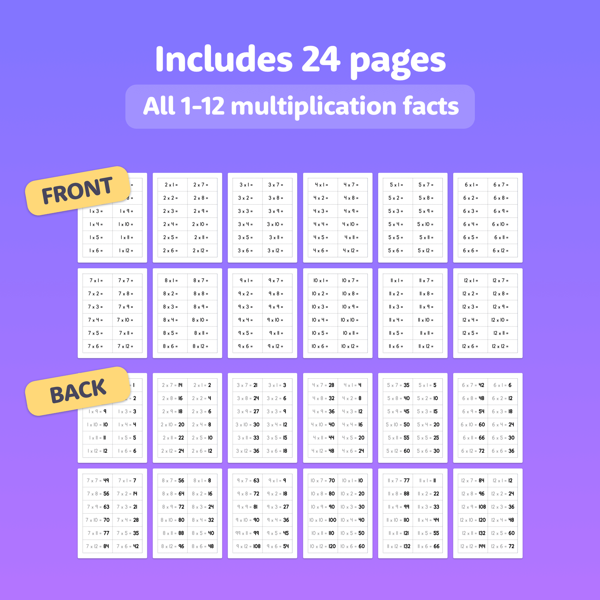 Flash cards with multiplication facts from 1 to 12, spanning 24 pages.