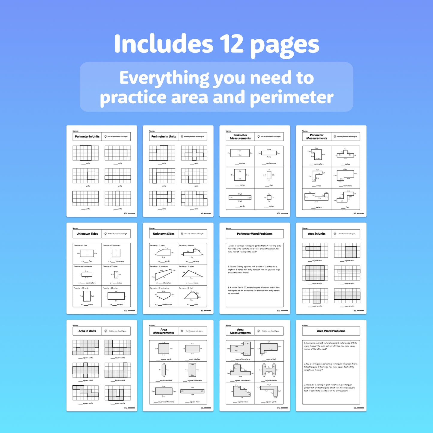 Twelve printable grid worksheets for area and perimeter are displayed.