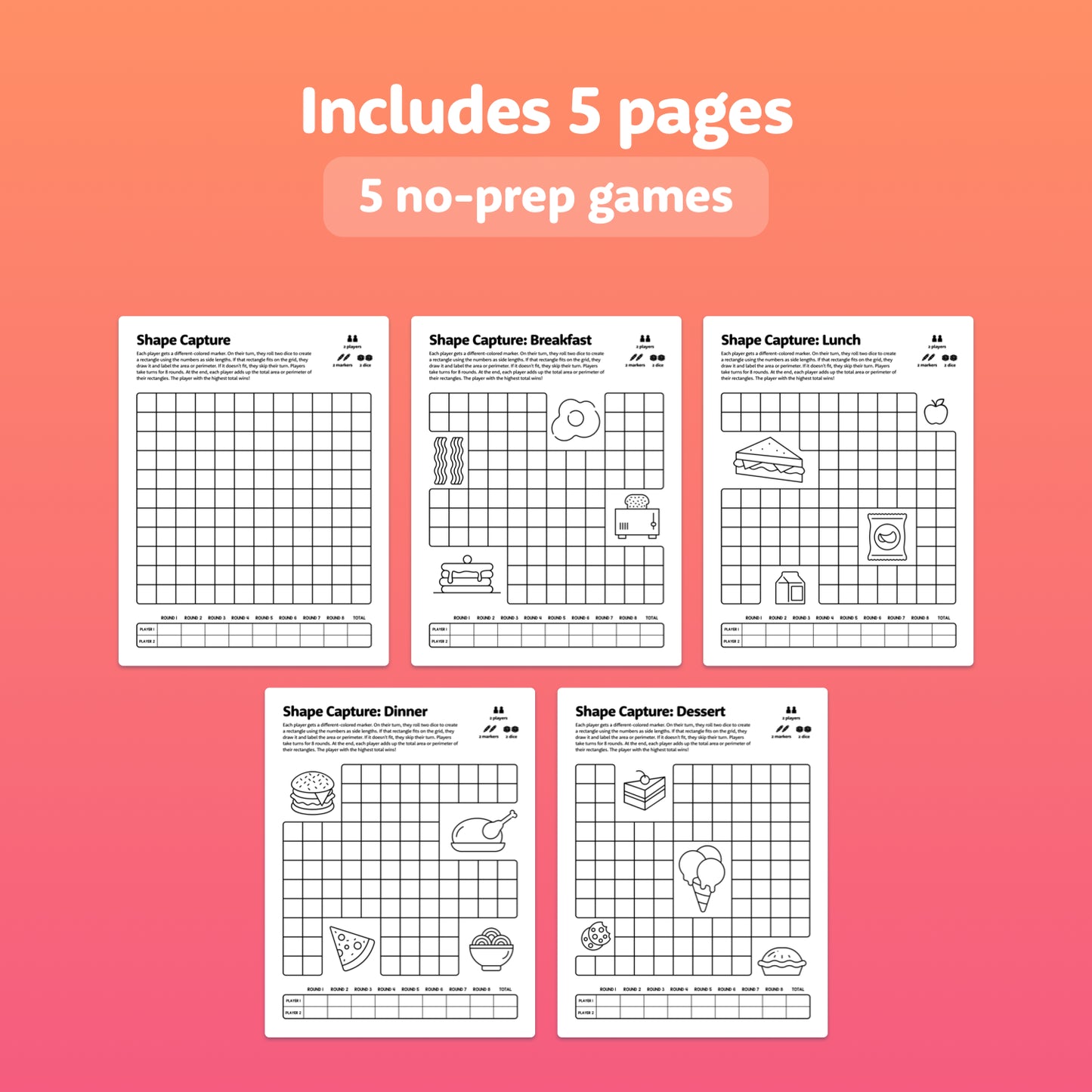 Five printable worksheets for sorting shapes by meal: breakfast, lunch, dinner, dessert.