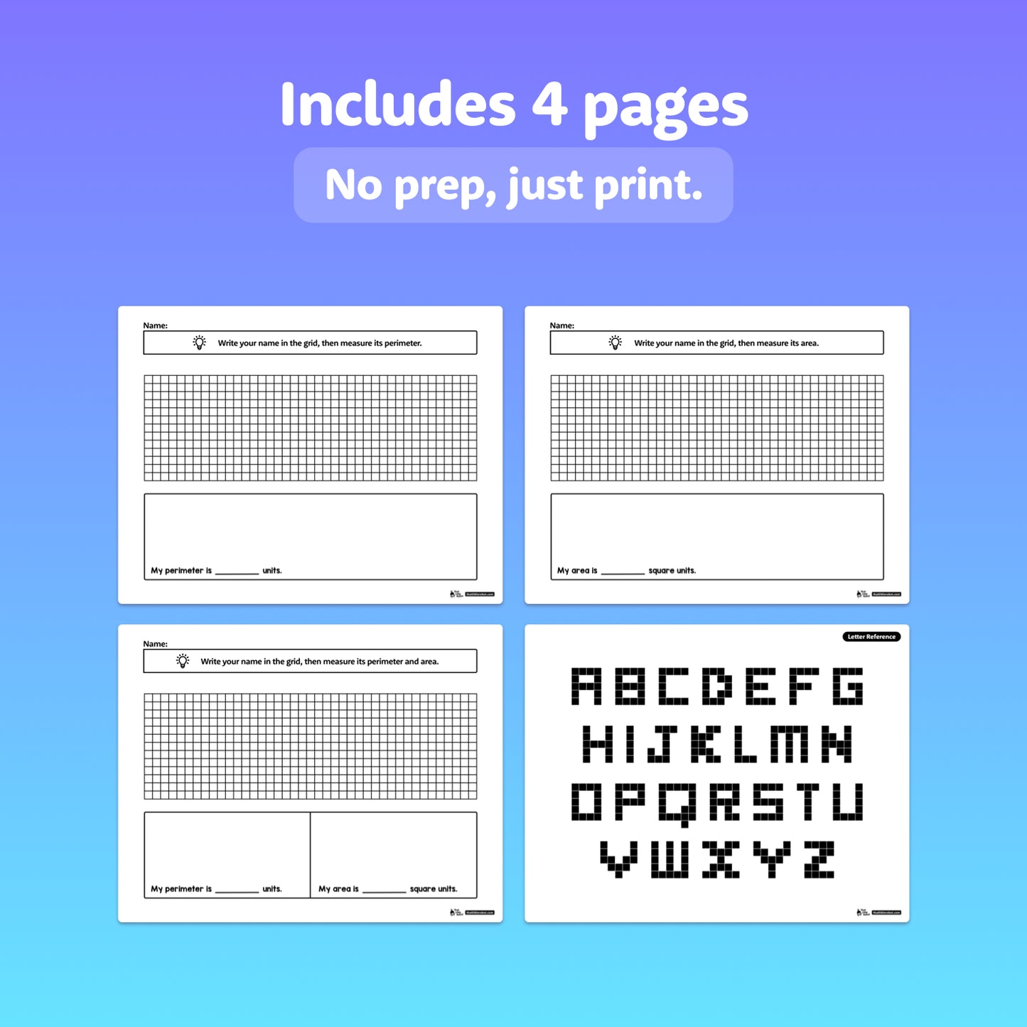 Four grid worksheets with alphabet letters in a pixelated style.