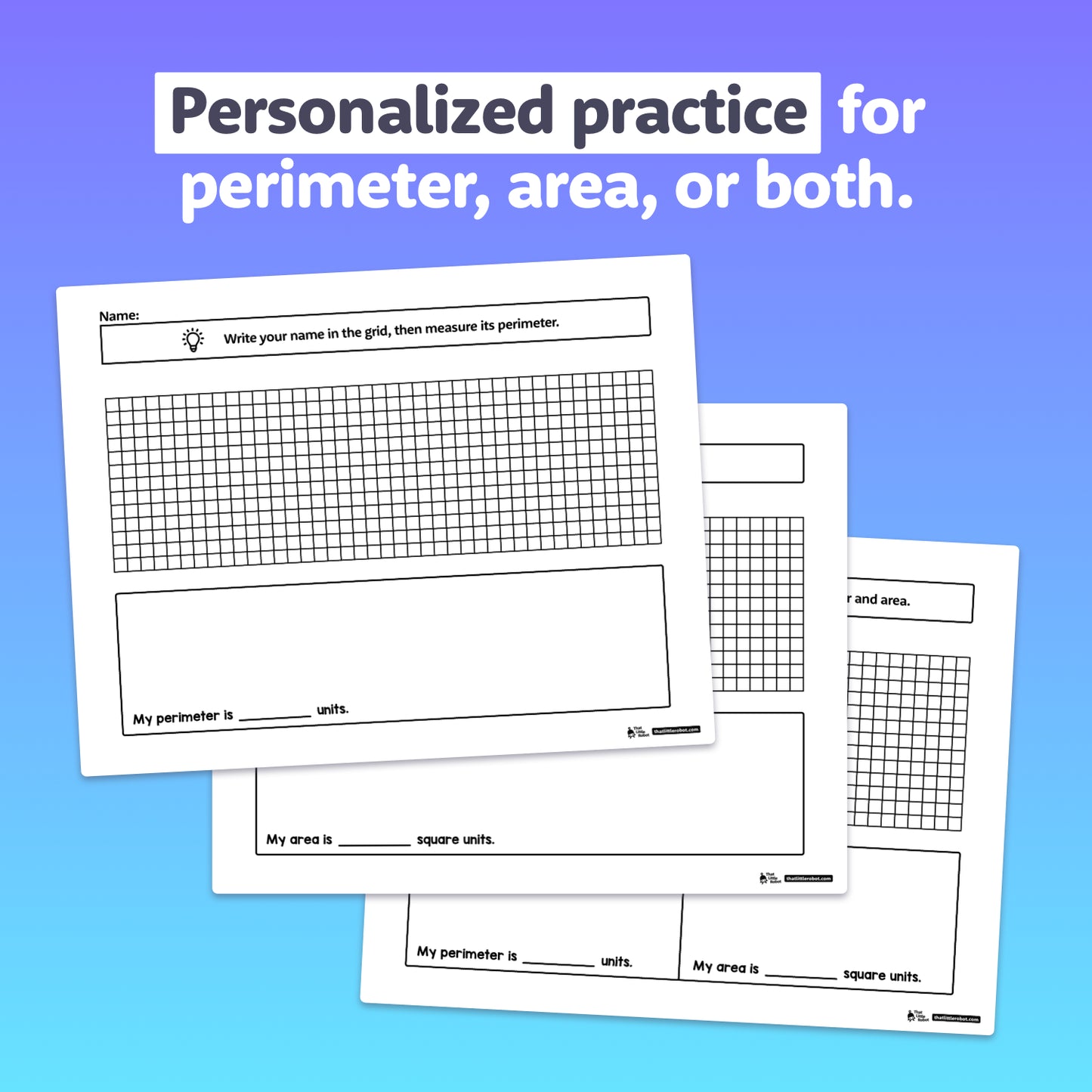 Three worksheets with perimeter and area activities are displayed.