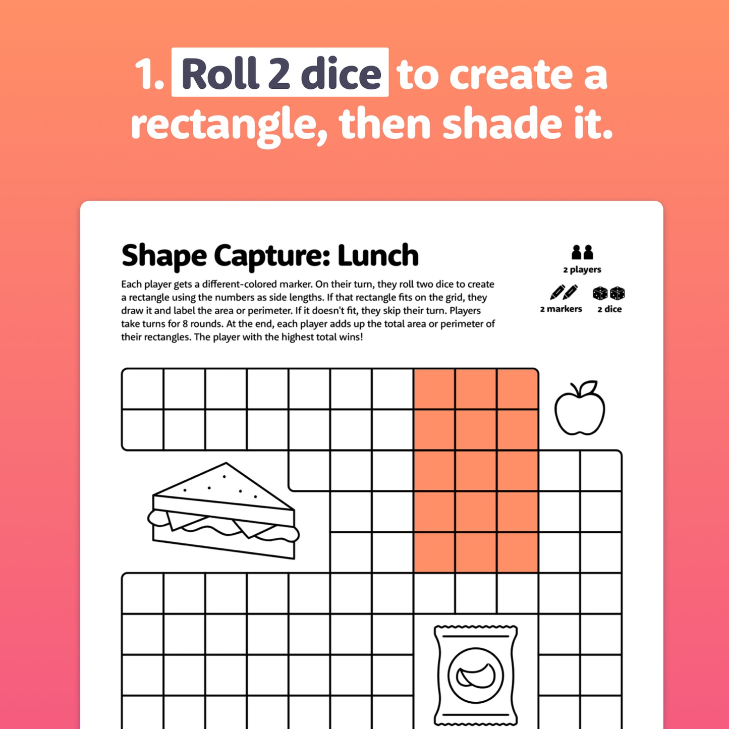 Printable PDF with grid, dice, sandwich icon, and apple icon.