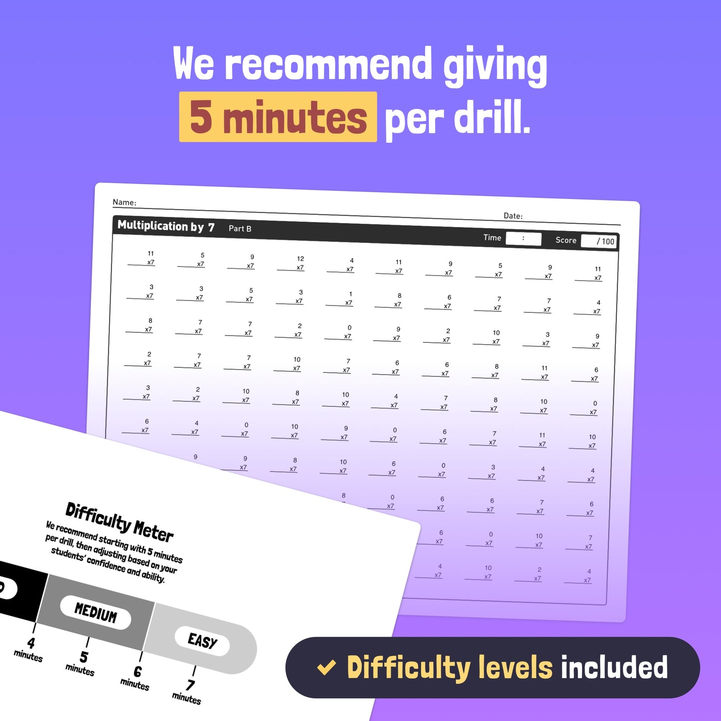 Multiplication drills sheet with 100 problems, difficulty meter, and 5-minute drills text.
