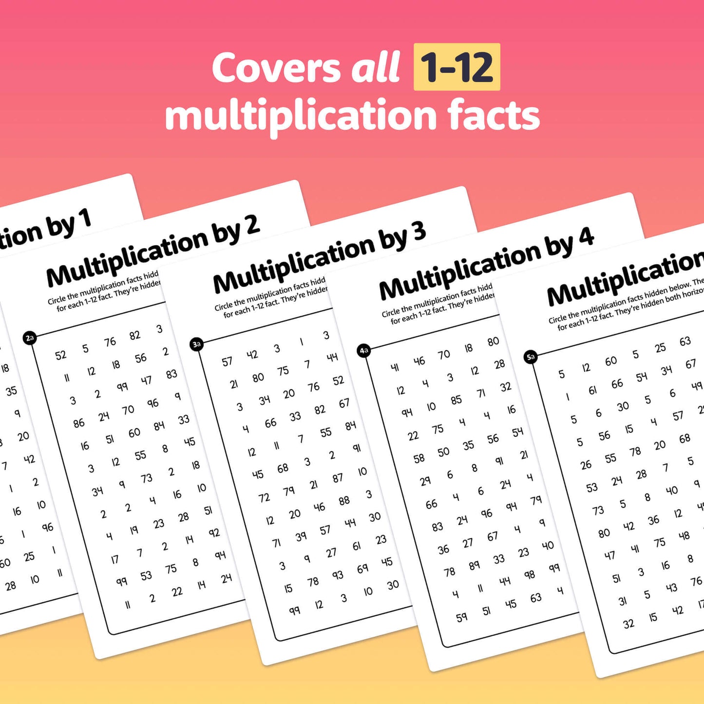 Multiplication search worksheets for numbers 1 to 12.