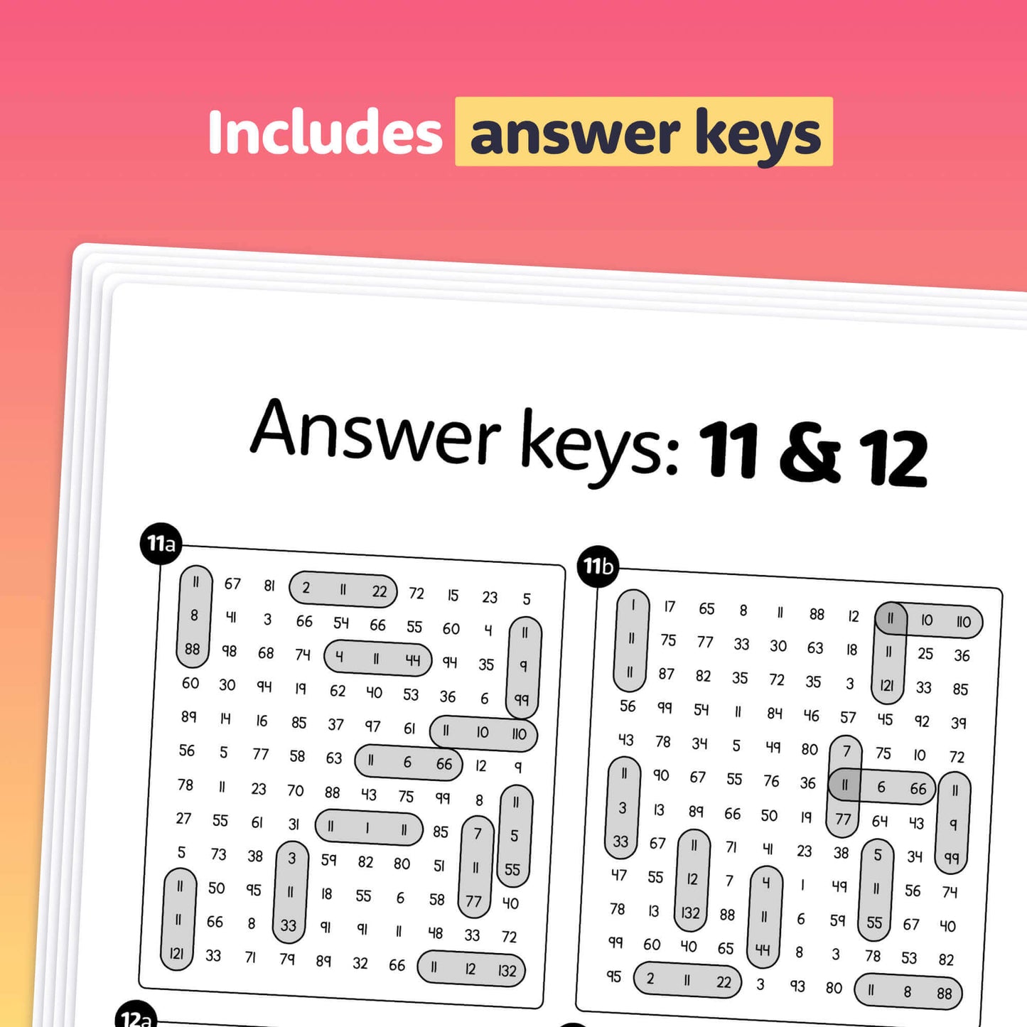Solutions for multiplication problems 11 and 12 in worksheets.
