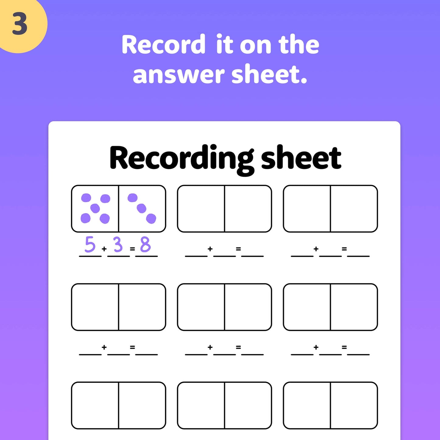 Instruction sheet with example equation for adding sums up to 8.