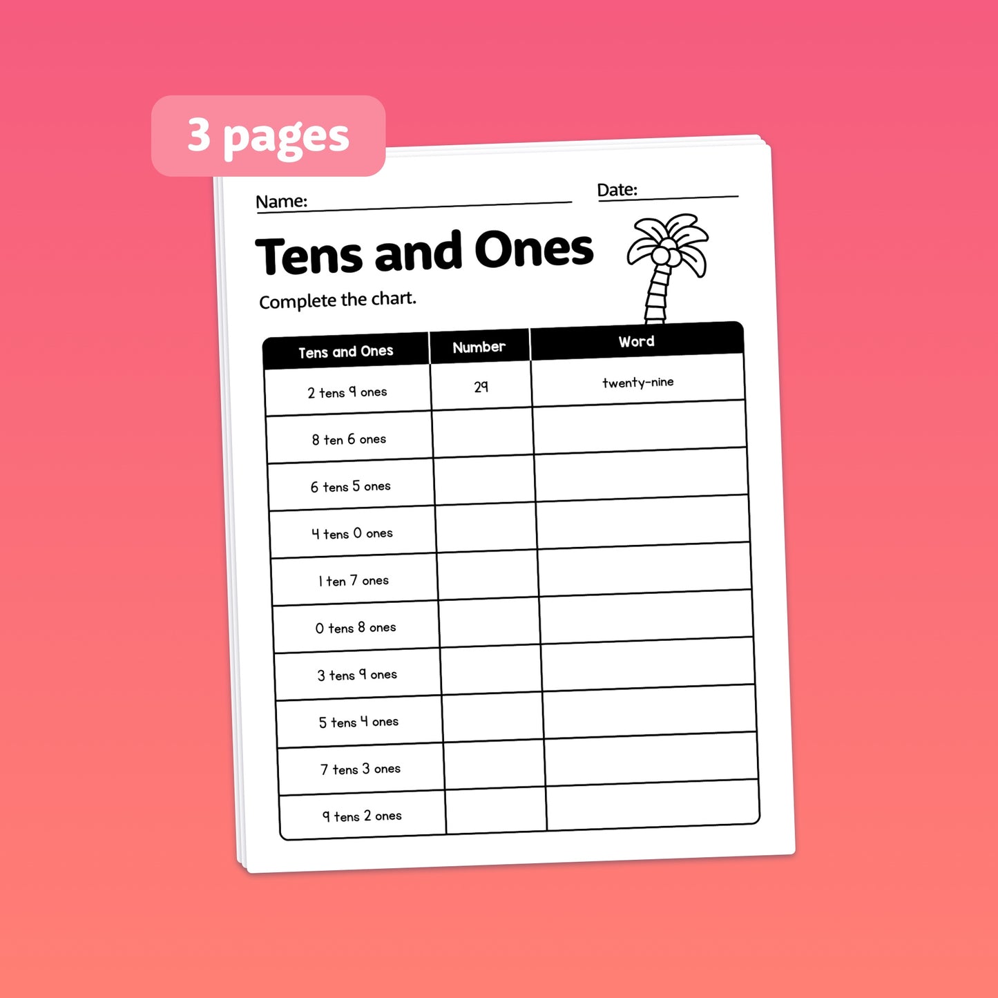 Worksheet titled "Tens and Ones" with a numbers chart.