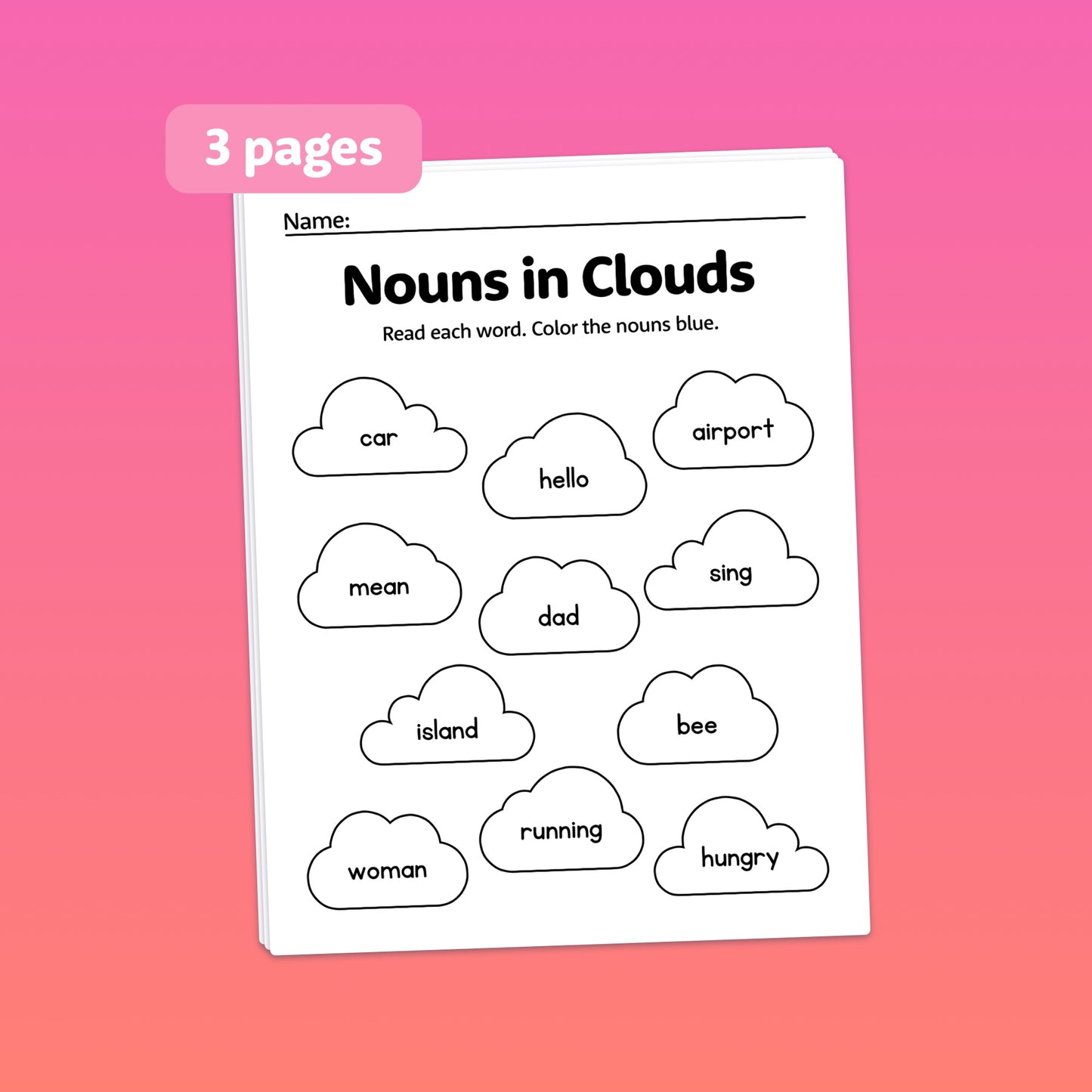Worksheet from the series titled "Nouns in Clouds" showing common nouns in clouds.