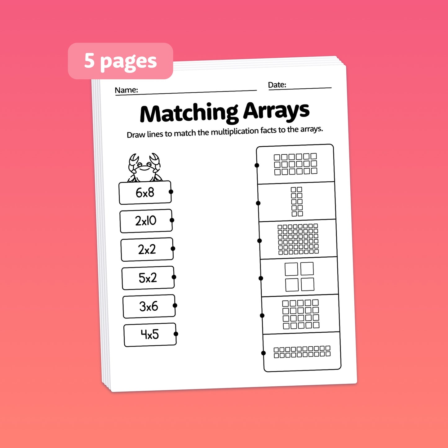 Worksheet titled 'Summer Arrays Worksheets' with drawings matching multiplication facts.