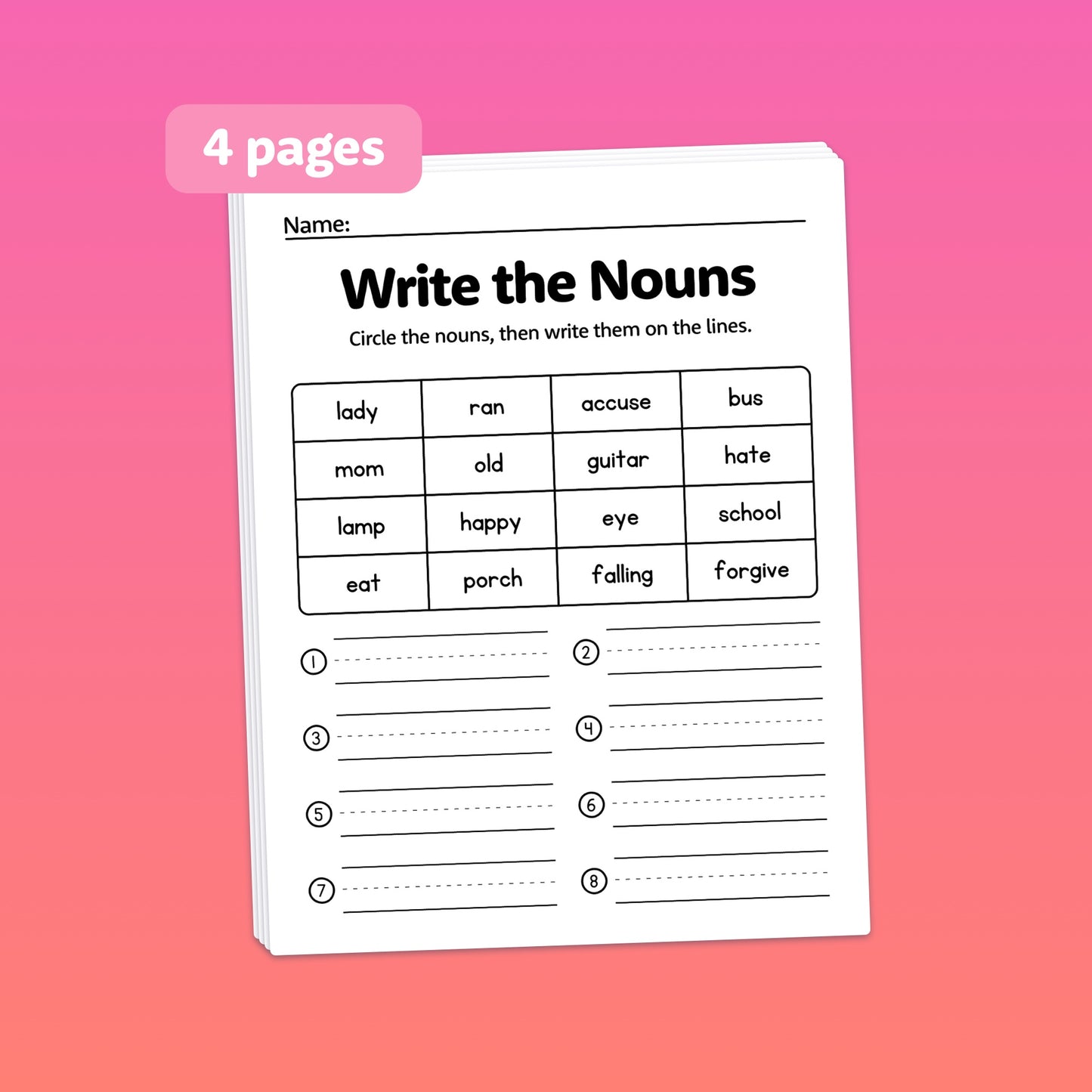 Common Nouns Worksheet titled "Write the Nouns" with blank spaces for answers.