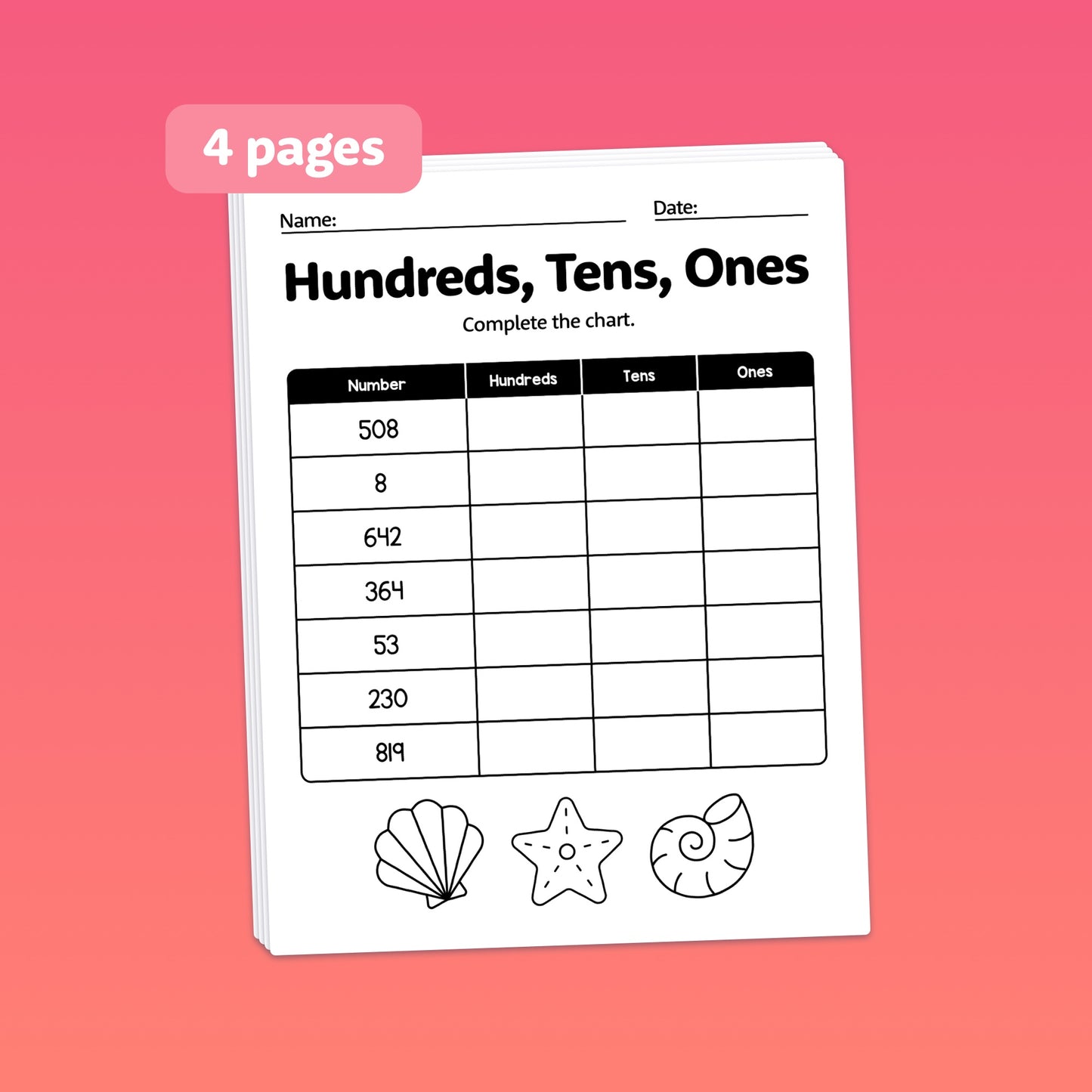Worksheets illustrating place value activities for hundreds, tens, and ones.