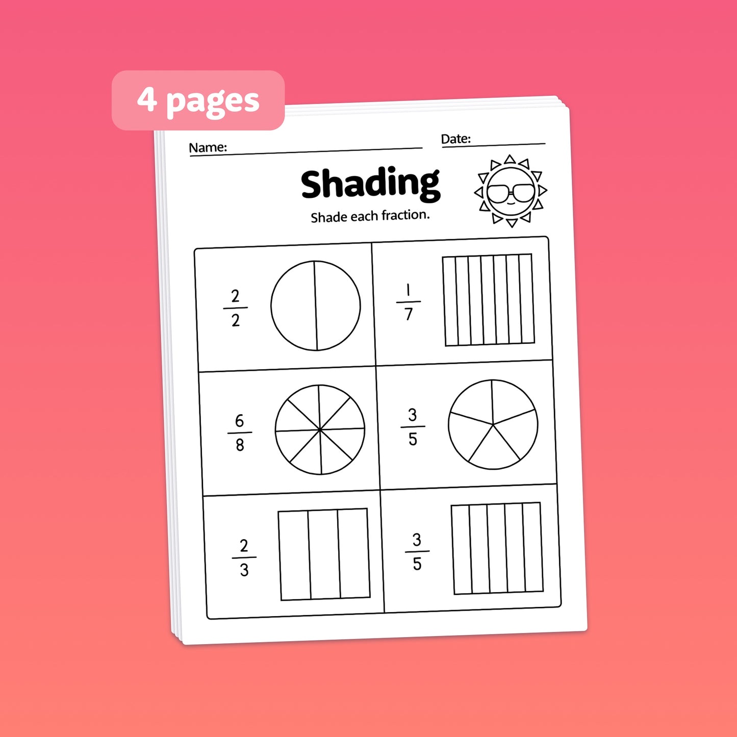 Summer fraction review worksheets with shapes and shading labels.