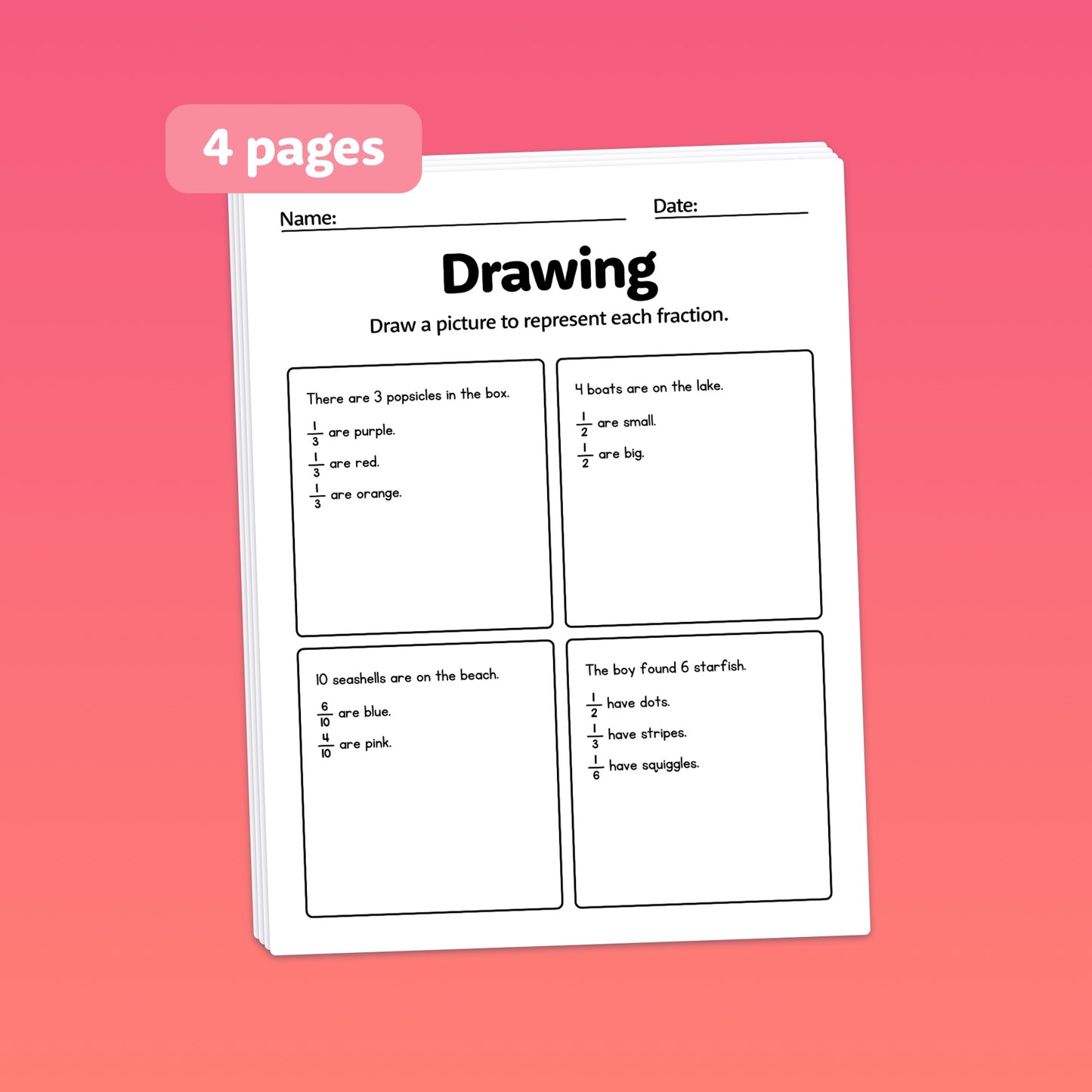 Worksheet titled "Drawing" with spaces to draw pictures for fractions.