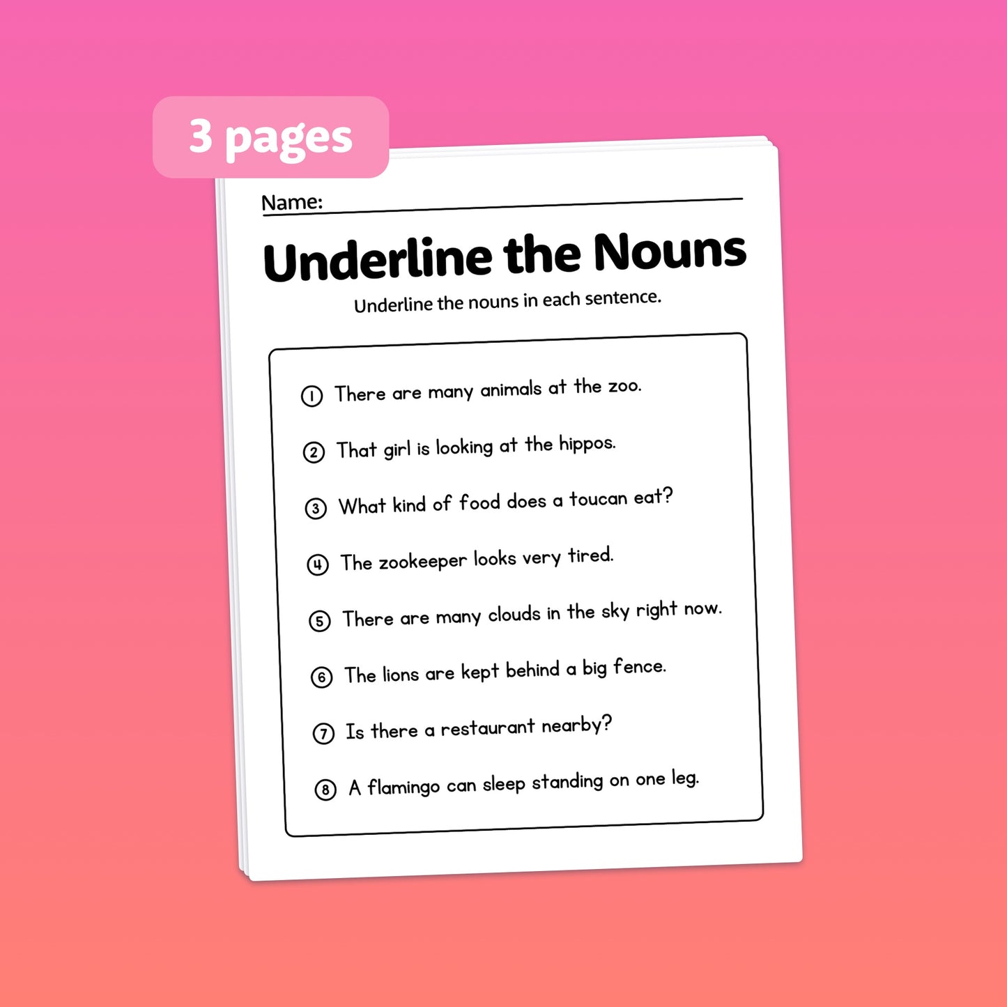 Worksheet titled 'Underline the Nouns' with 8 sentences.