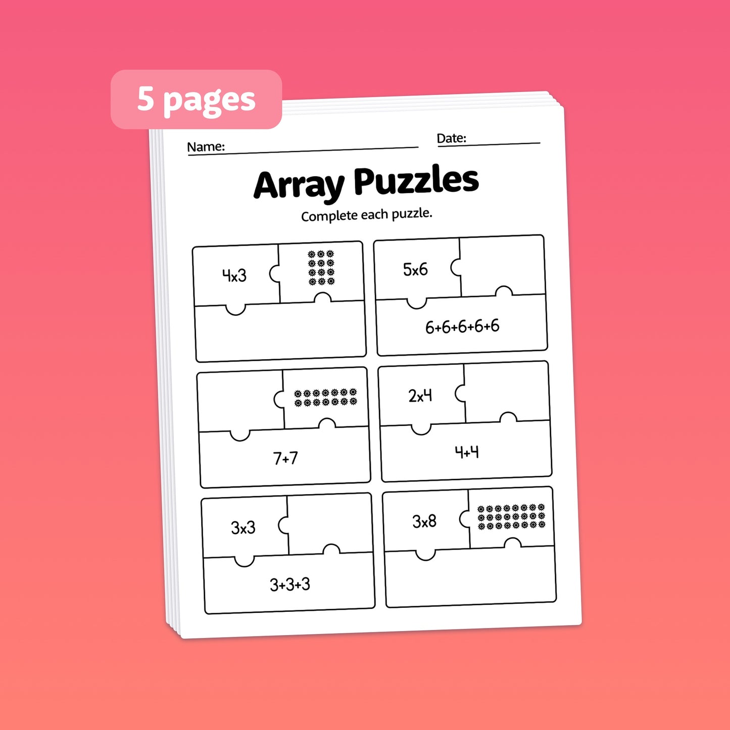 A stack of worksheets titled "Summer Arrays Worksheets" with various math problems.
