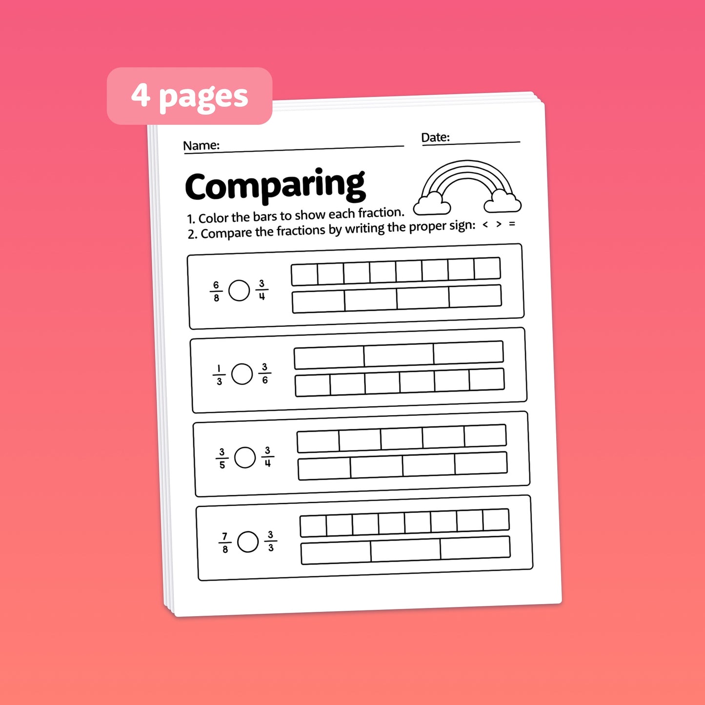 Summer Fraction Review Worksheets on comparing fractions with bars and symbols, 4 pages.