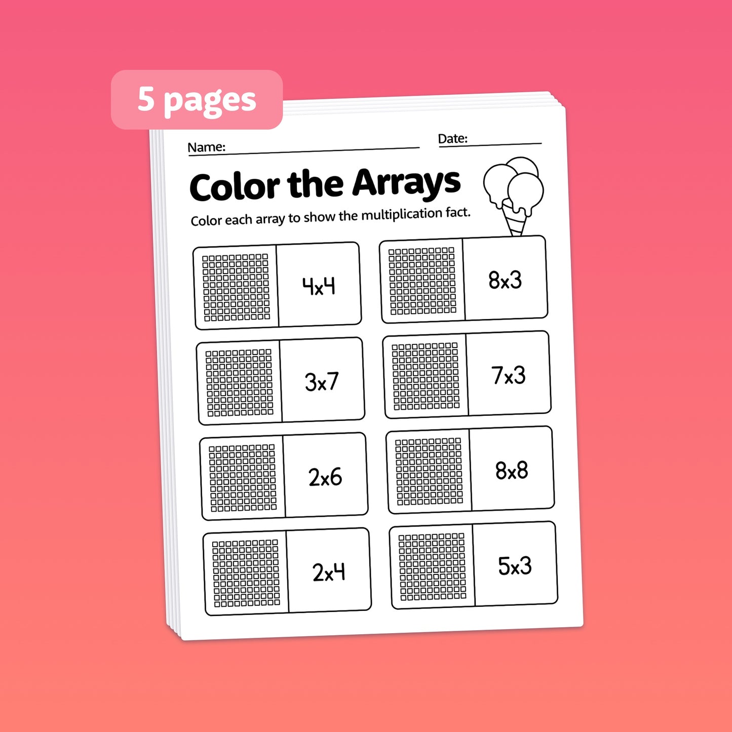 Worksheet titled "Summer Arrays Worksheets" with multiplication problem grids.