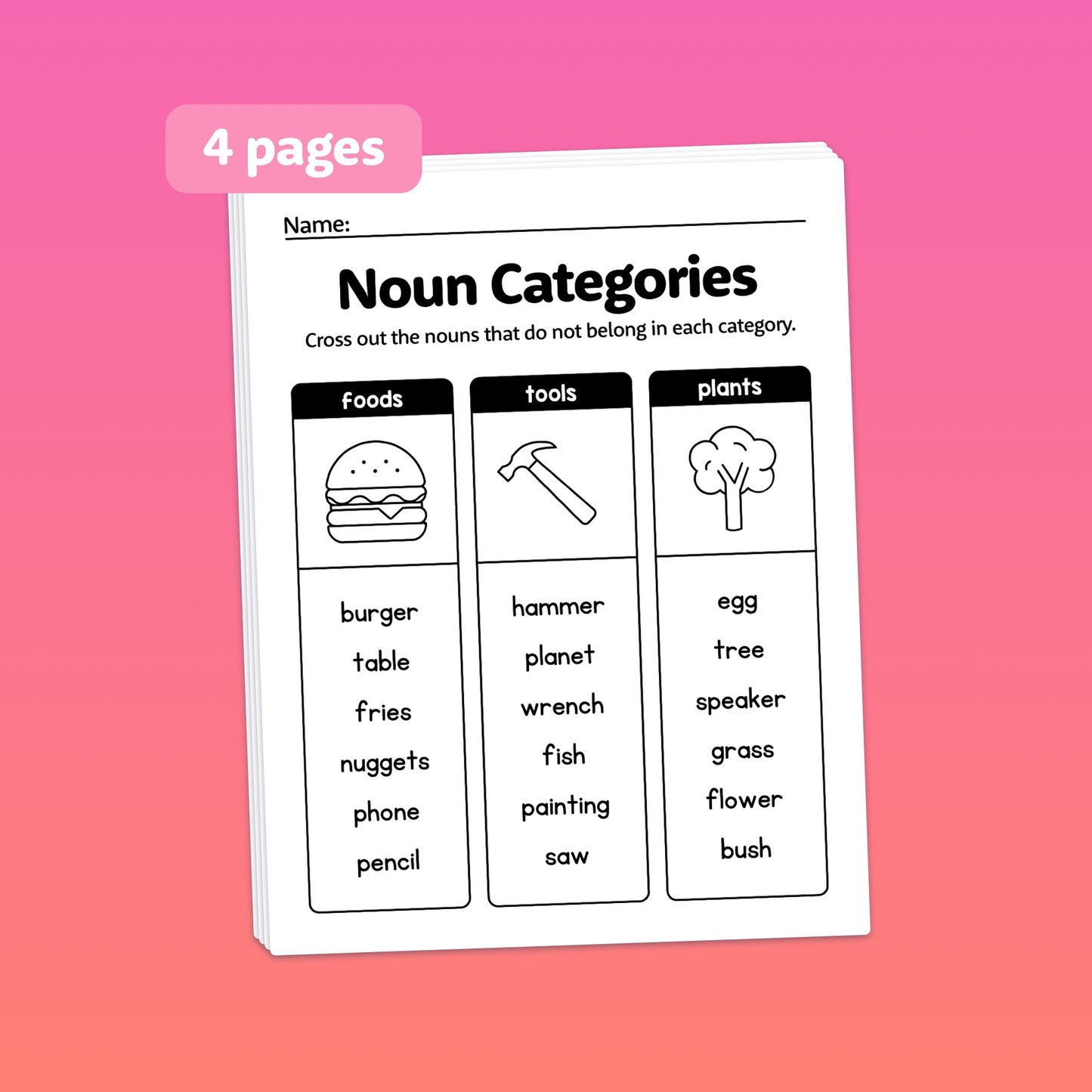 Worksheet lists common nouns: foods, tools, plants.