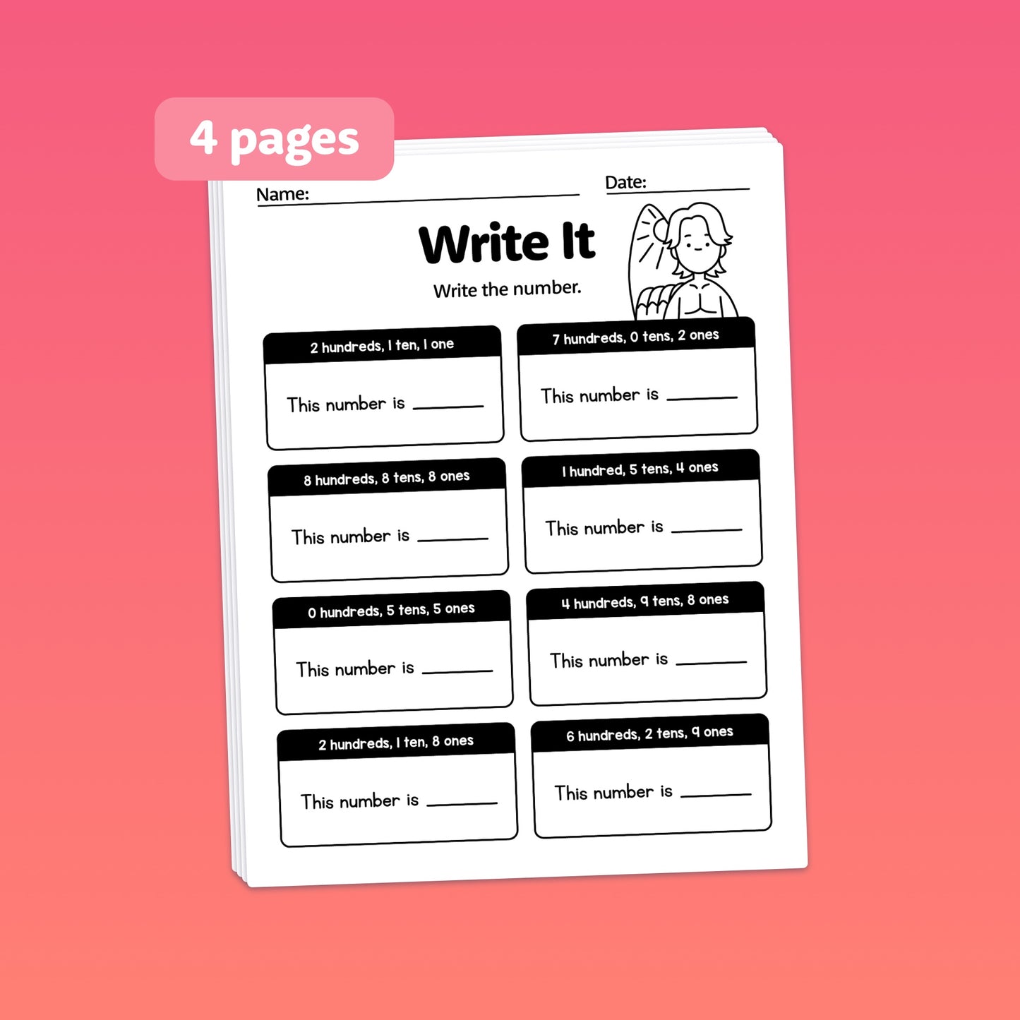 Summer-themed worksheets with place value exercises and fill-in sections; labeled "4 pages".