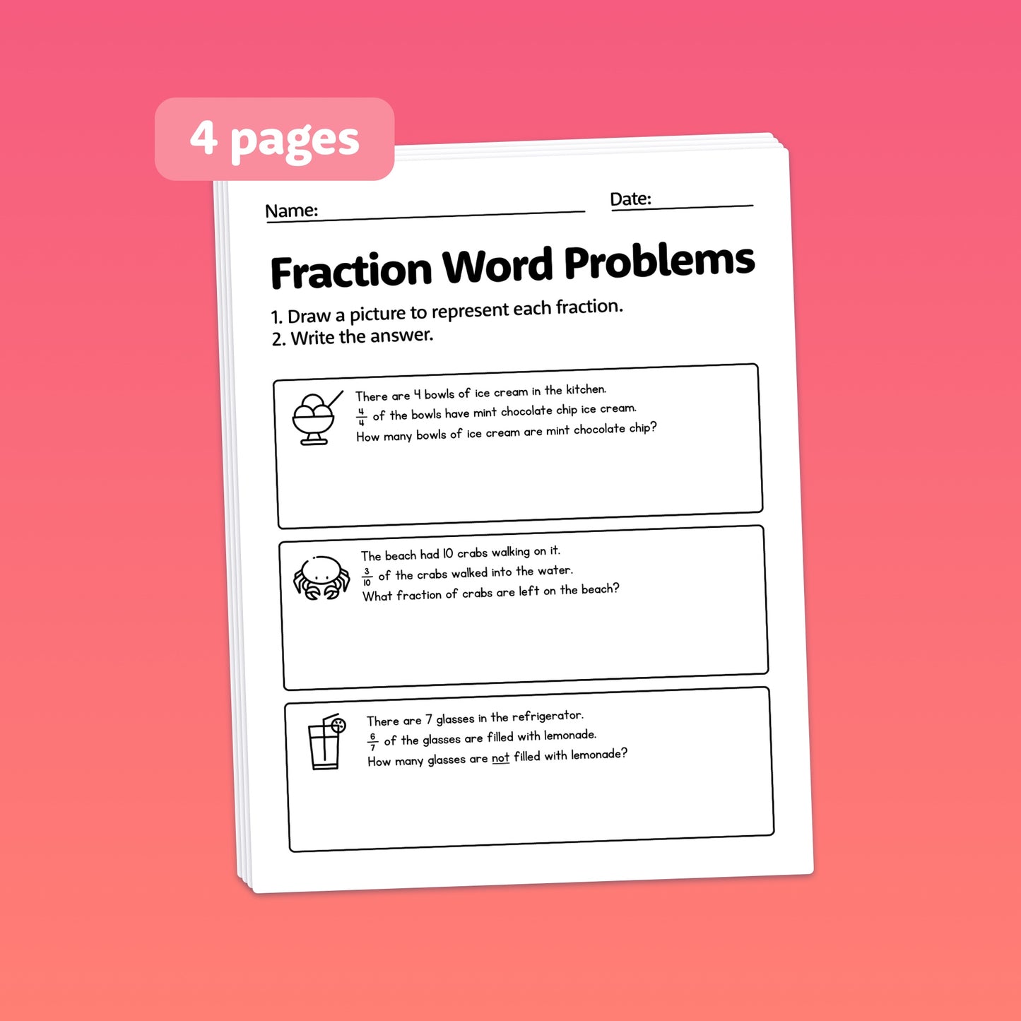 Summer Fraction Review Worksheets with word problem exercises.