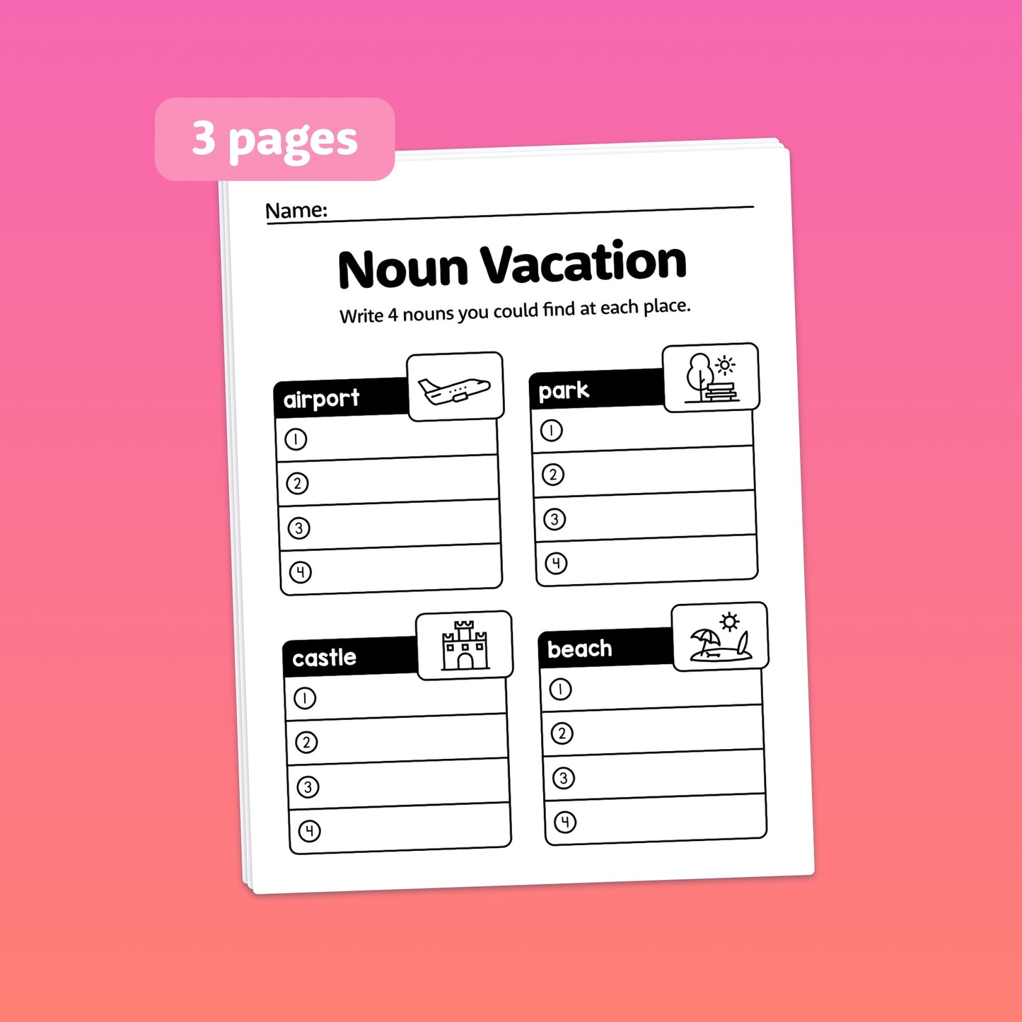 Worksheet titled "Noun Vacation" with sections for airport, park, castle, and beach.