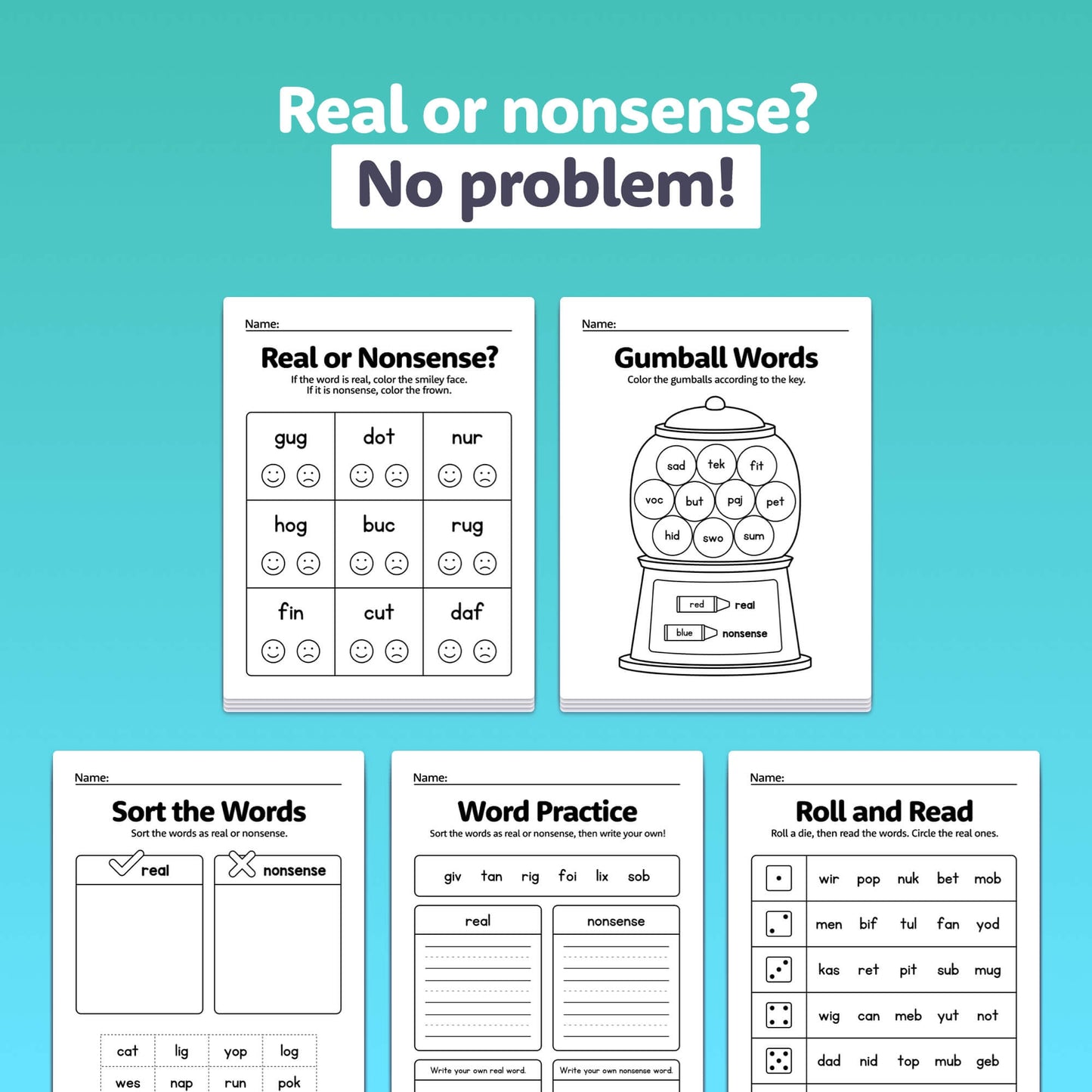 Worksheets for kids' language exercises: sorting and practicing CVC words.