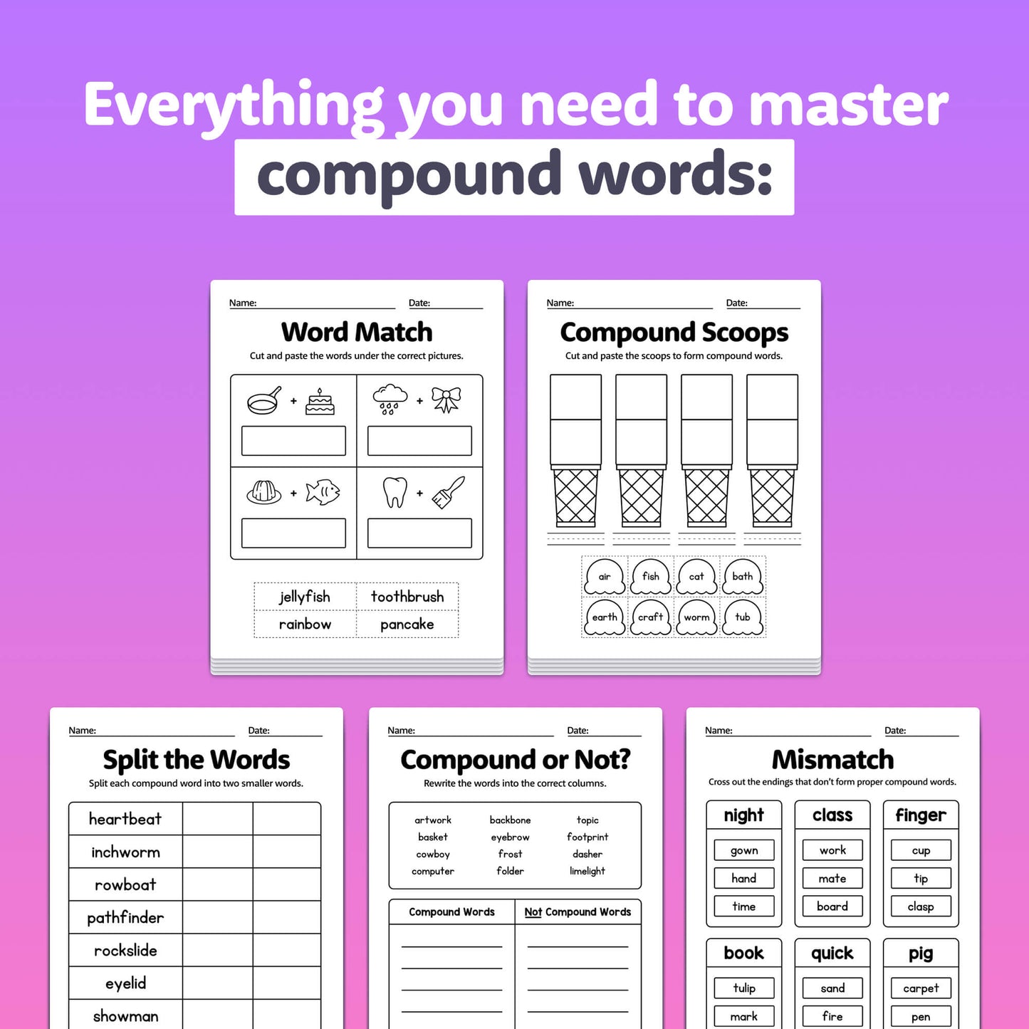 Compound Words Worksheets include word matching, compound scoops, and splitting words.