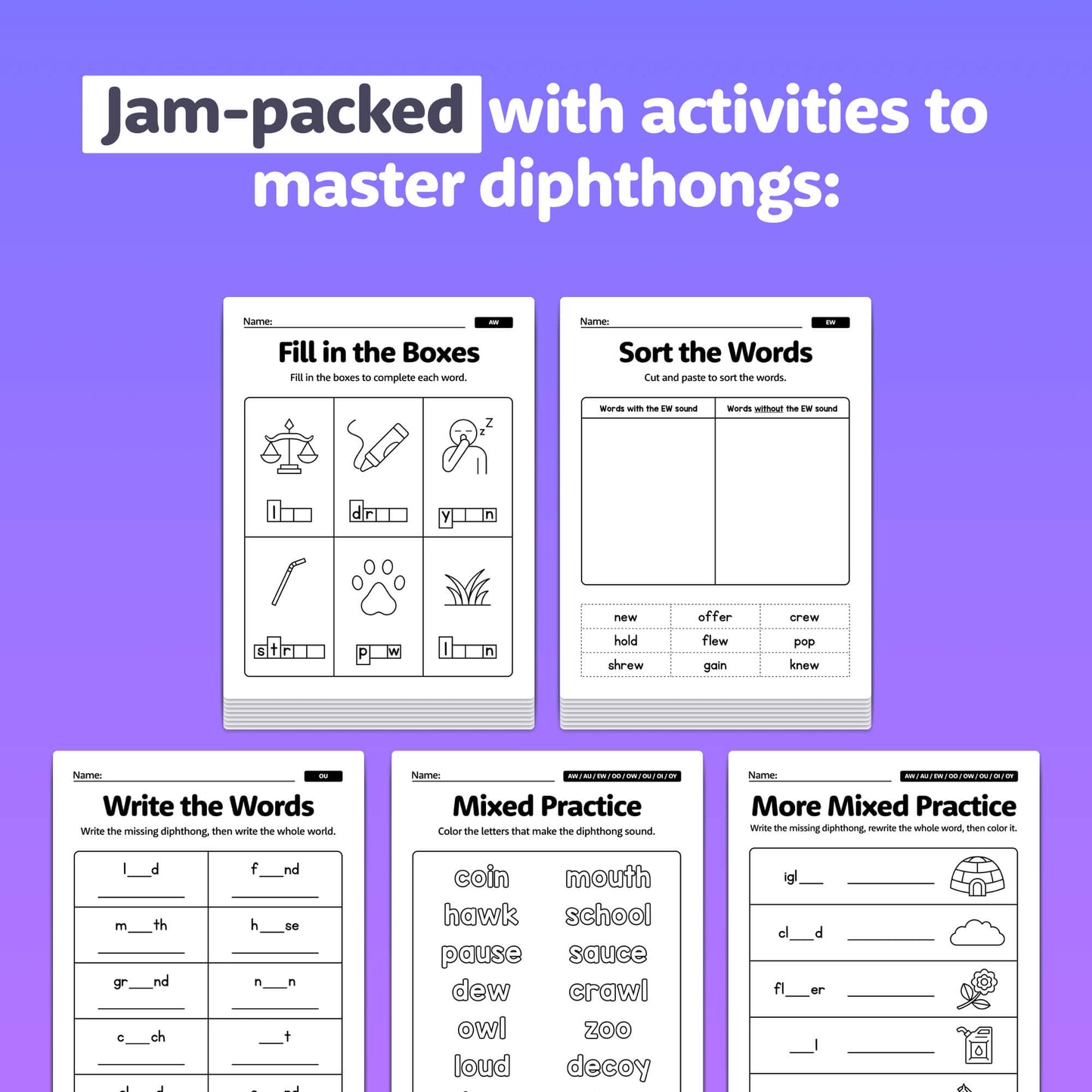 Diphthongs worksheets with fill-in-the-blank, sorting, writing, and mixed practice.