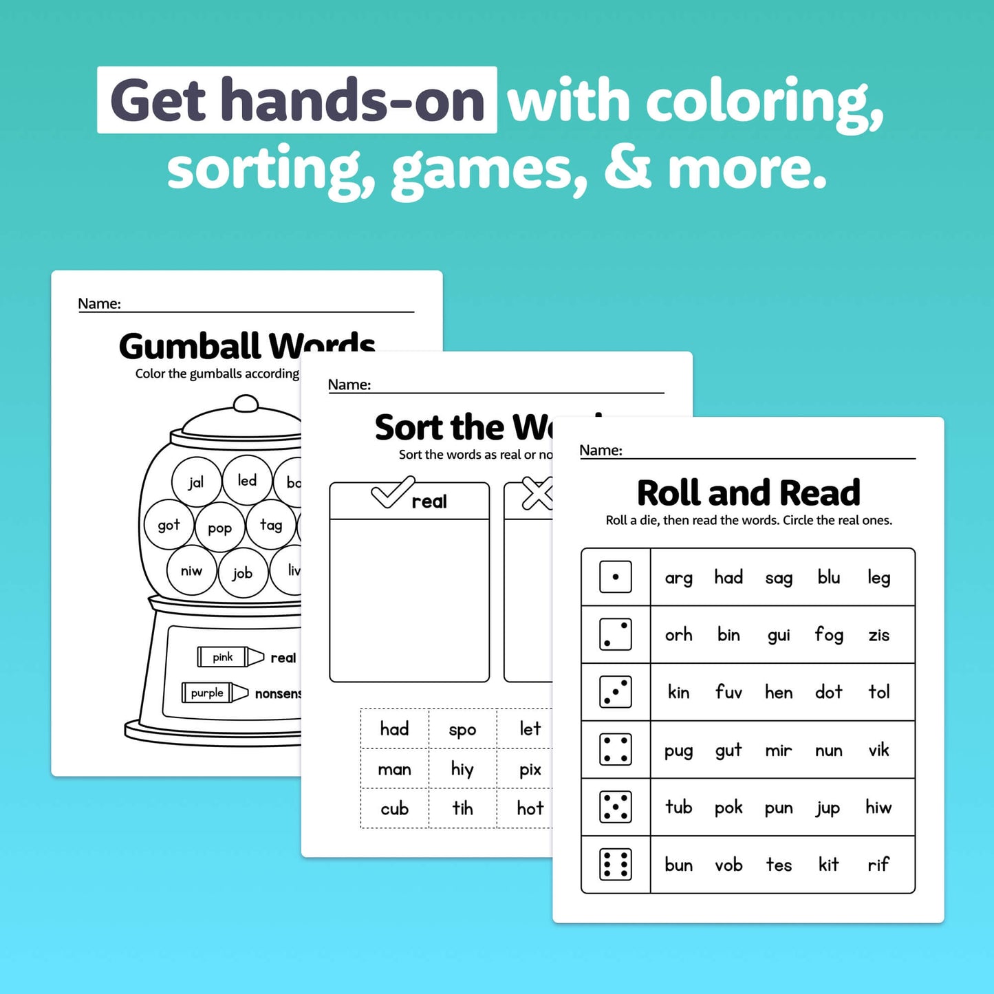 Three CVC Words: Real or Nonsense Worksheets for kids promoting hands-on learning.
