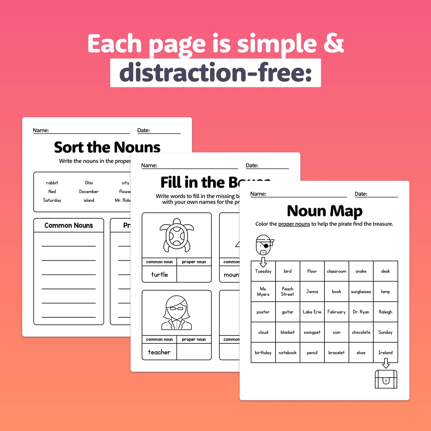 Worksheets focusing on sorting nouns, fill-in-the-blank exercises, and noun maps.