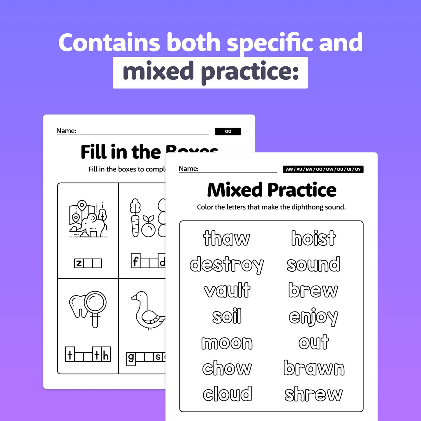 Diphthongs worksheets with fill-in-the-boxes and mixed practice exercises.