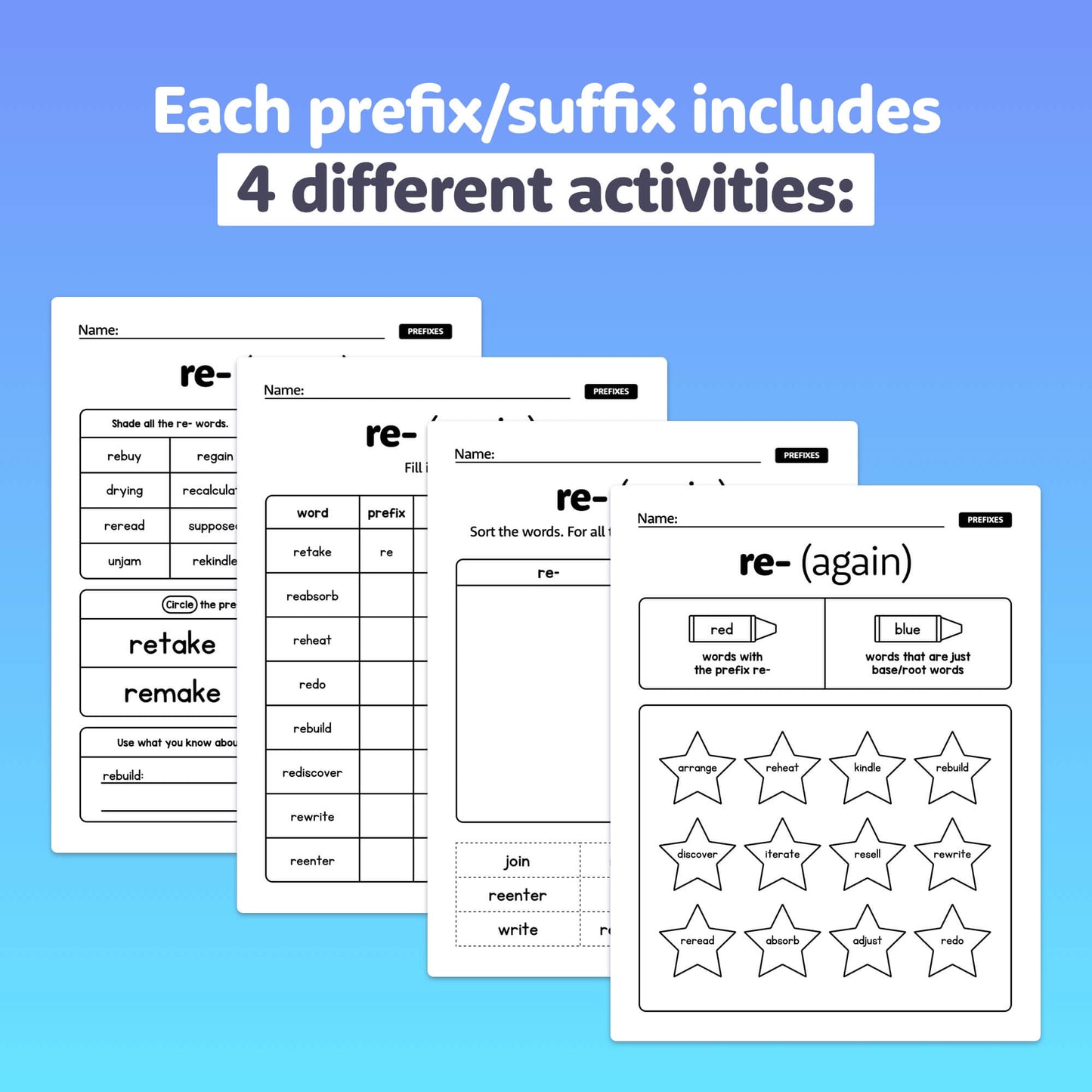 Worksheets with activities for practicing prefixes and suffixes.