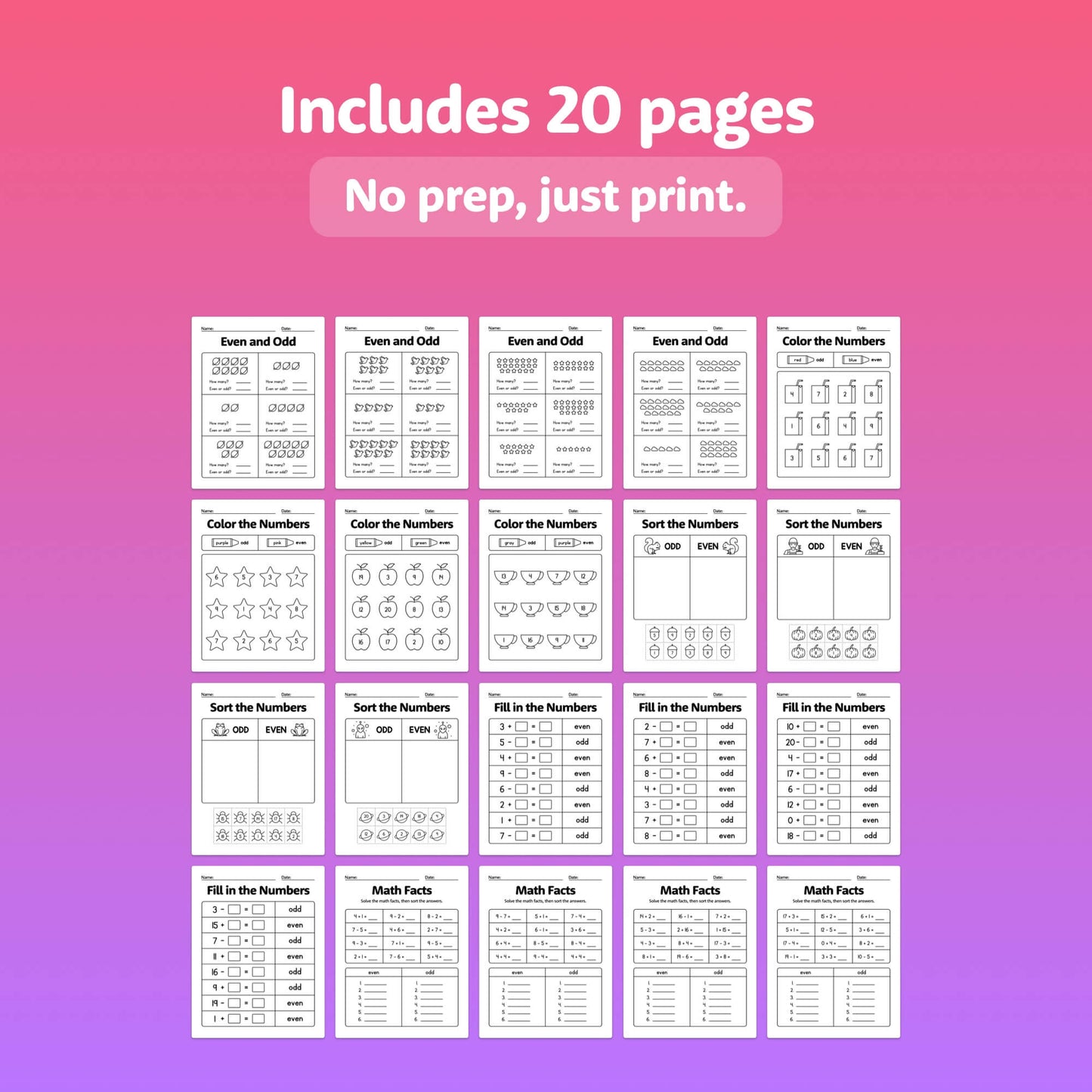 No prep even and odd number activities