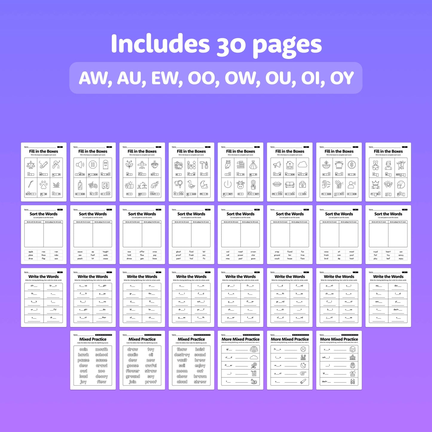 Thumbnail images of 30-page worksheets focused on vowel digraphs and diphthongs.