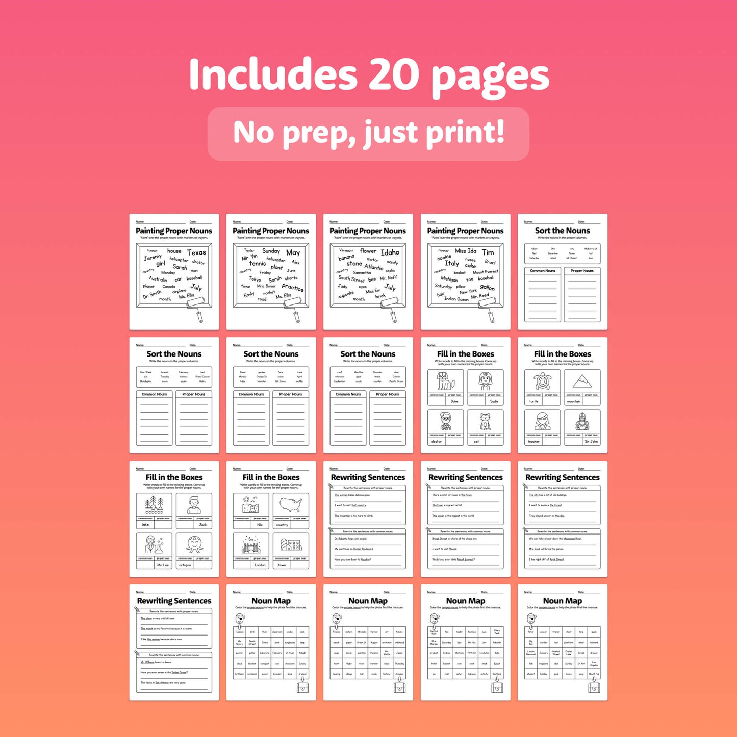 Common and Proper Nouns Worksheets for kids include 20 printable pages.