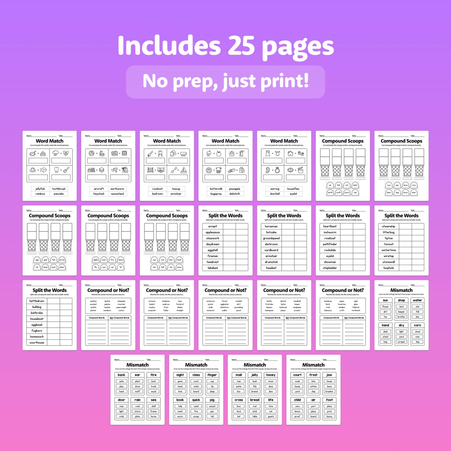Grid of 25 educational worksheet pages with text "No prep, just print!" at the top.