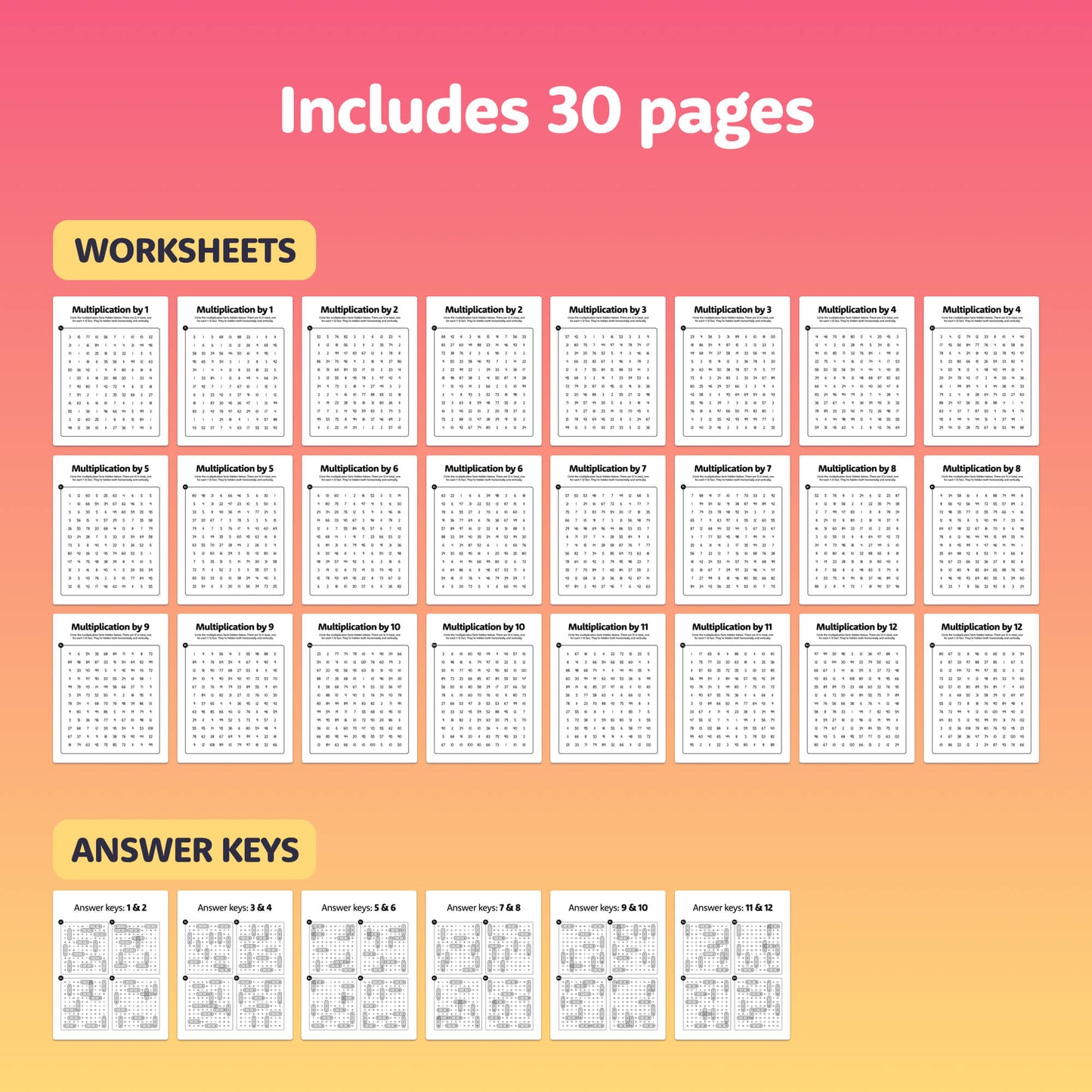 Preview of Multiplication Search Worksheets and answer key with 30 pages.