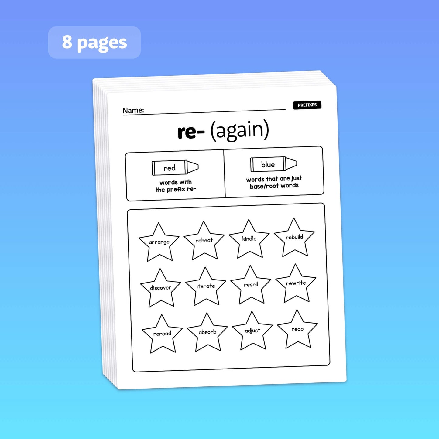 Eight worksheets on the prefix "re-" with root words and examples in stars.