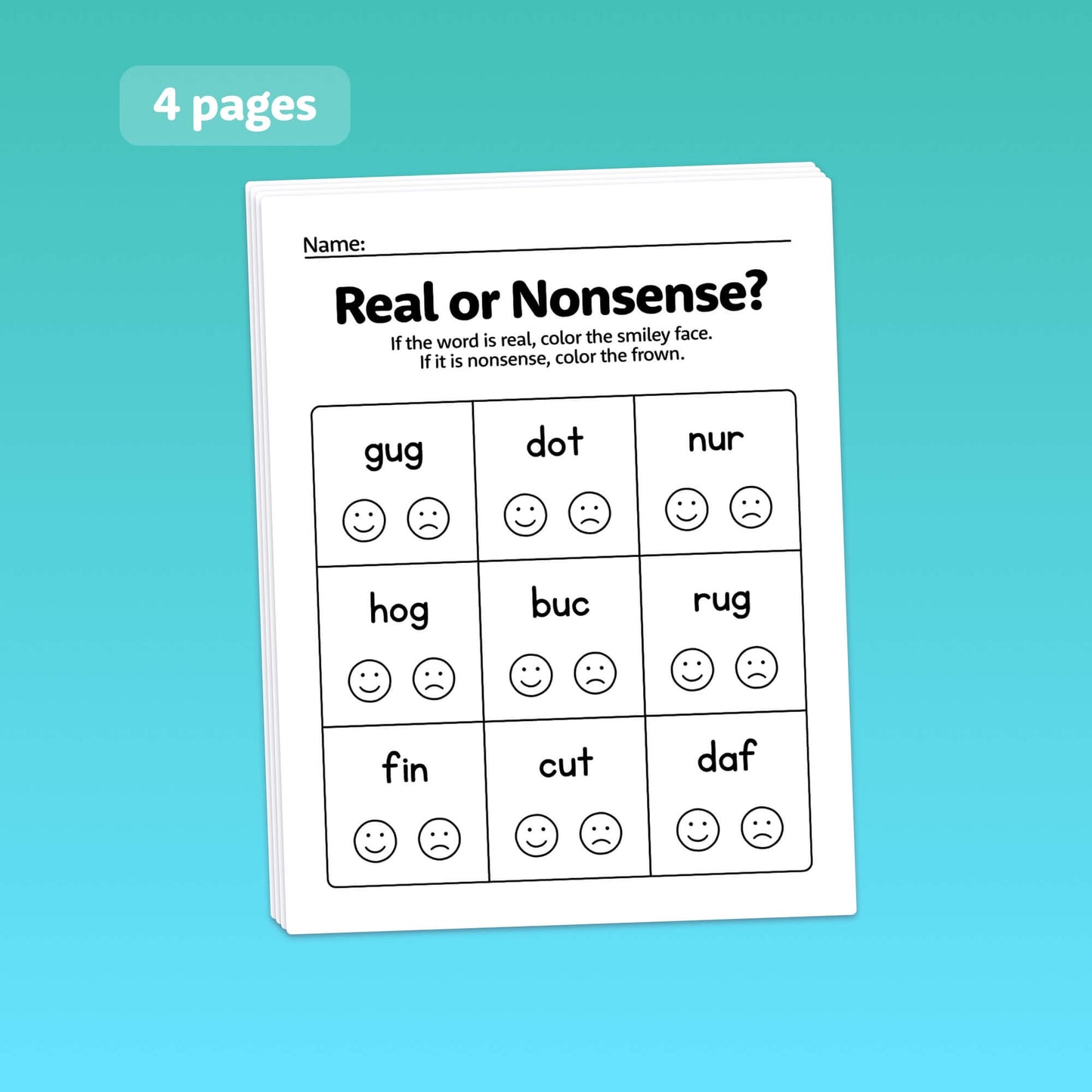 A worksheet with CVC words and smiley and frowny faces.