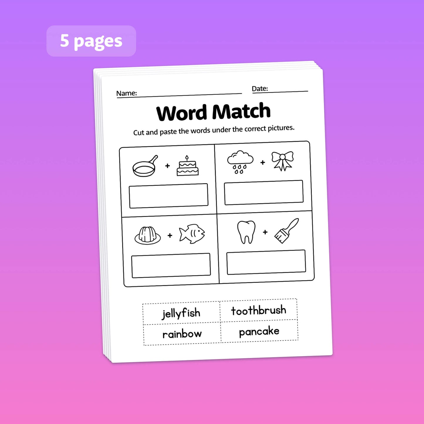 Five pages of compound words worksheets indicated in the corner.