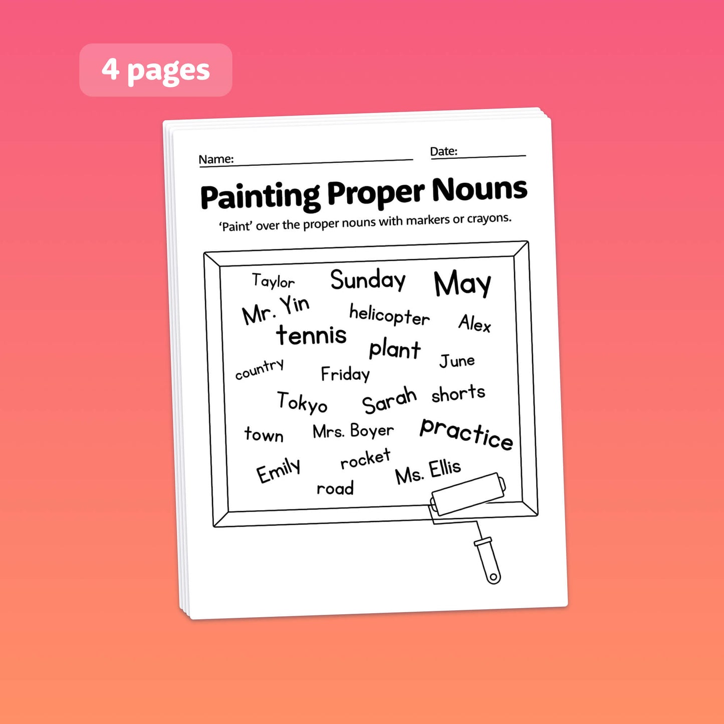 Cover of a children's worksheet titled "Common & Proper Nouns Worksheets.