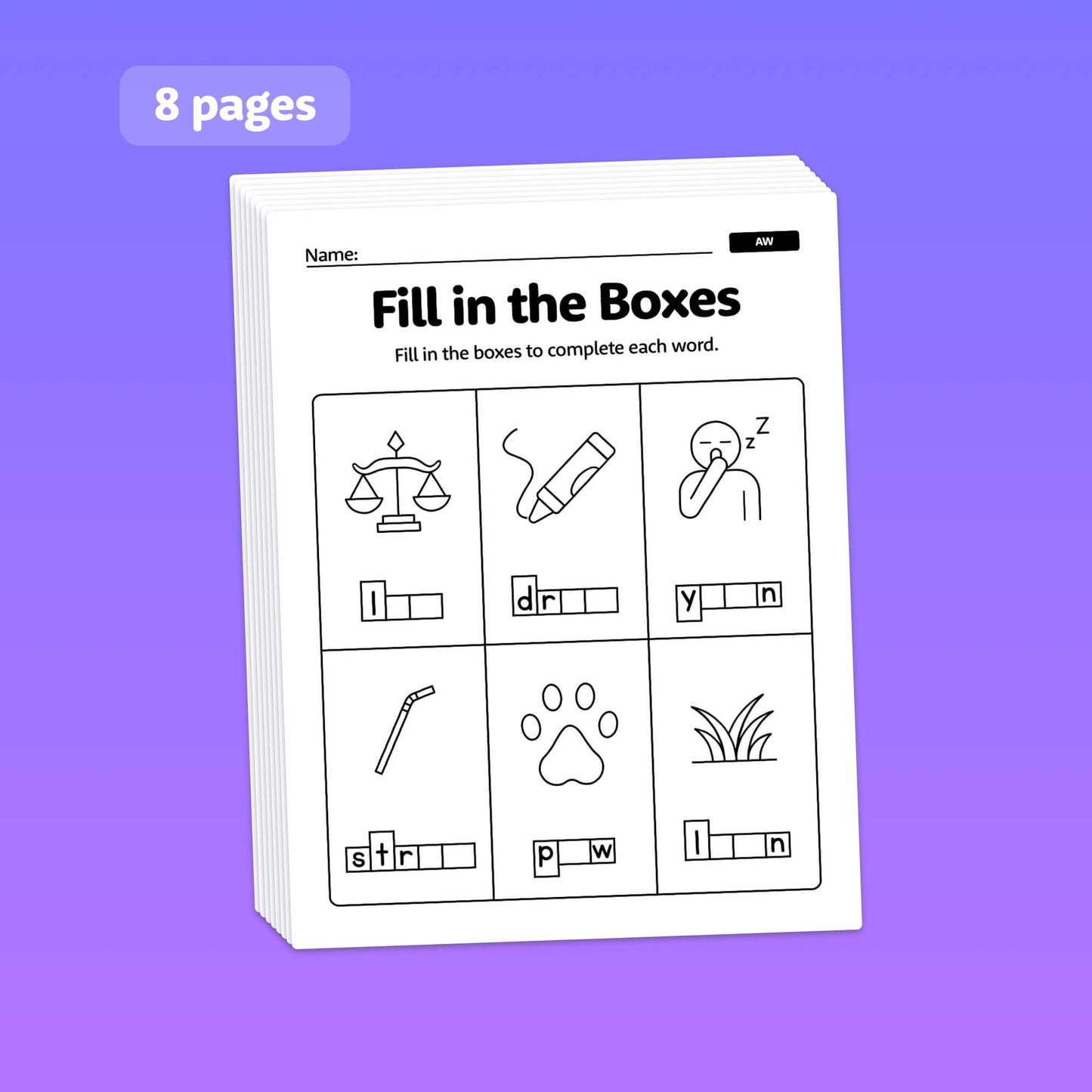 Workbook titled "Diphthongs Worksheets" with word puzzles and 8 pages.