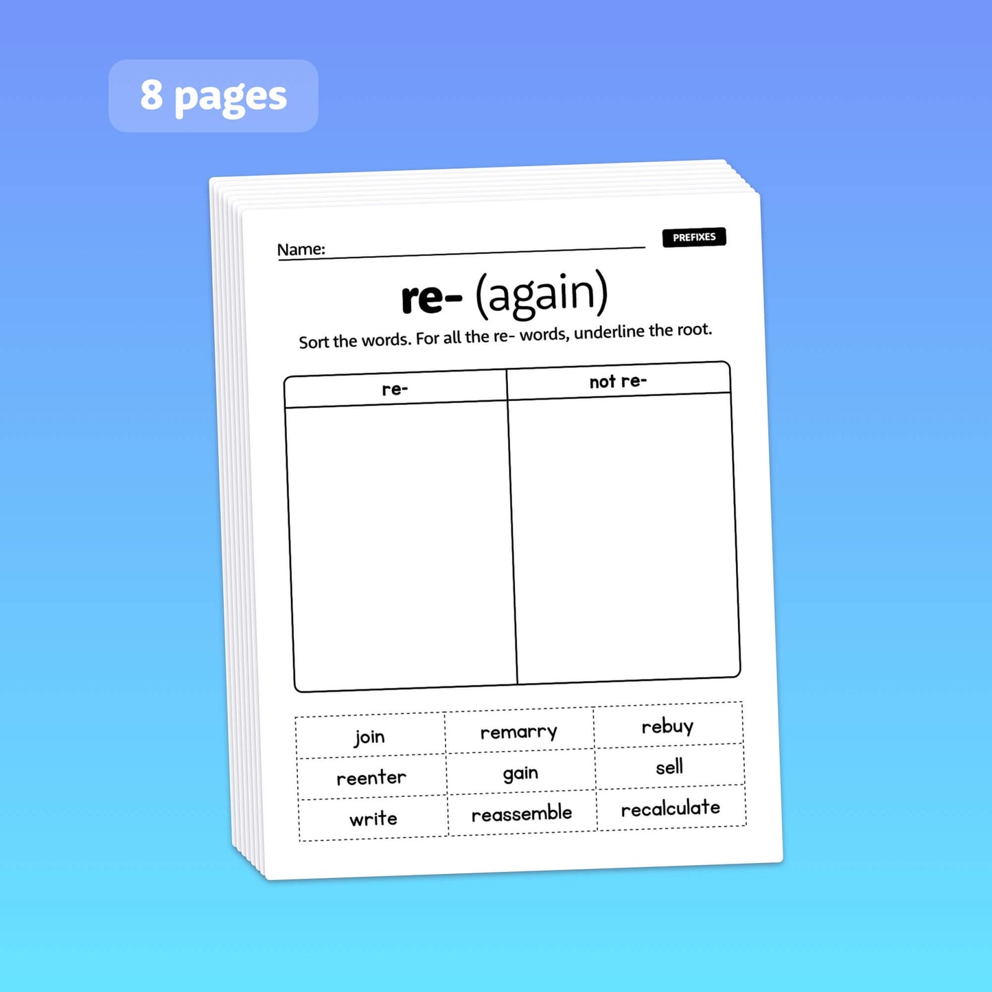 Prefixes and suffixes worksheets with a 're-' sorting activity and word categorization.