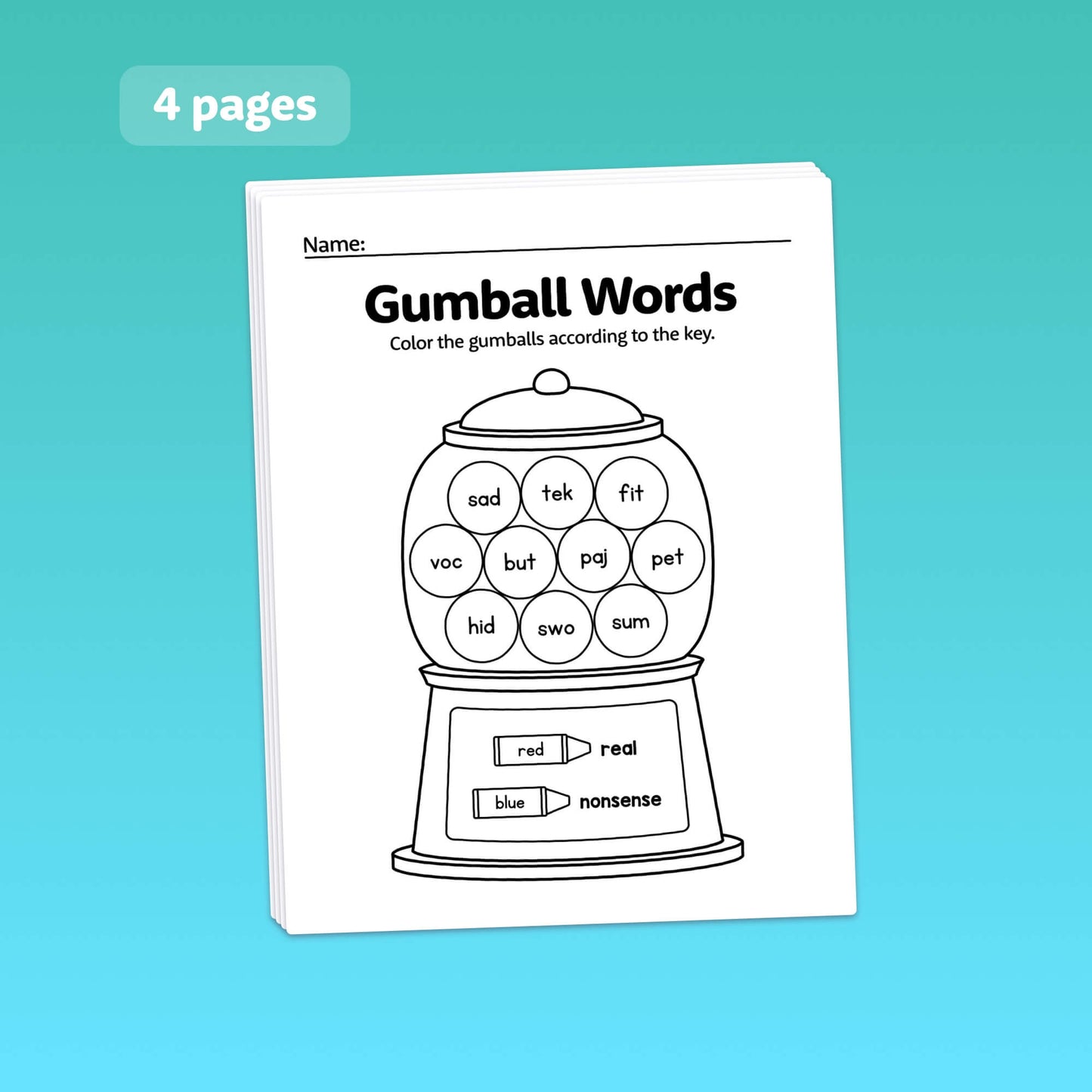 Worksheet titled "CVC Words: Real or Nonsense" with a gumball machine and word bubbles.