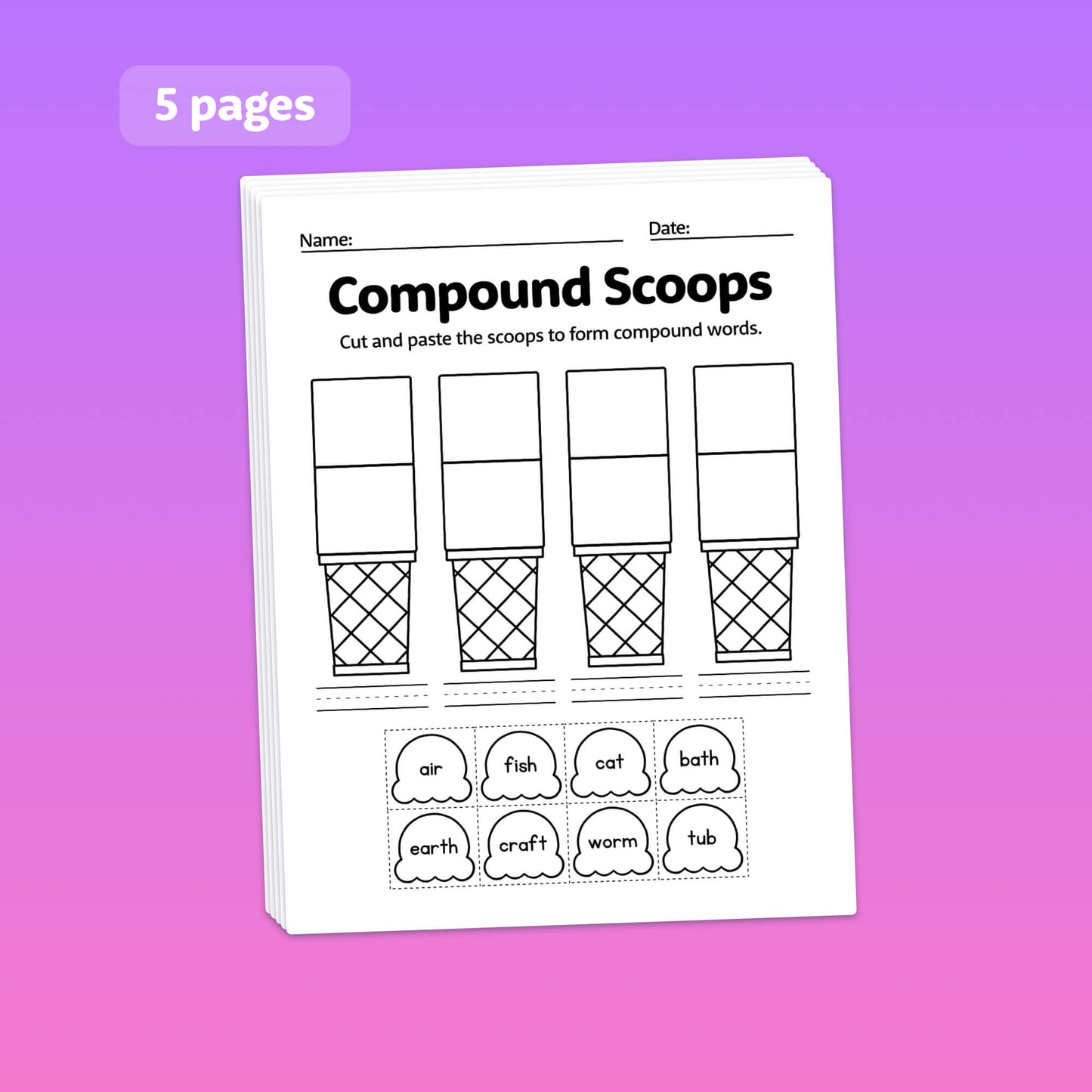 Worksheet titled "Compound Words Worksheets: Compound Scoops" with ice cream cones.